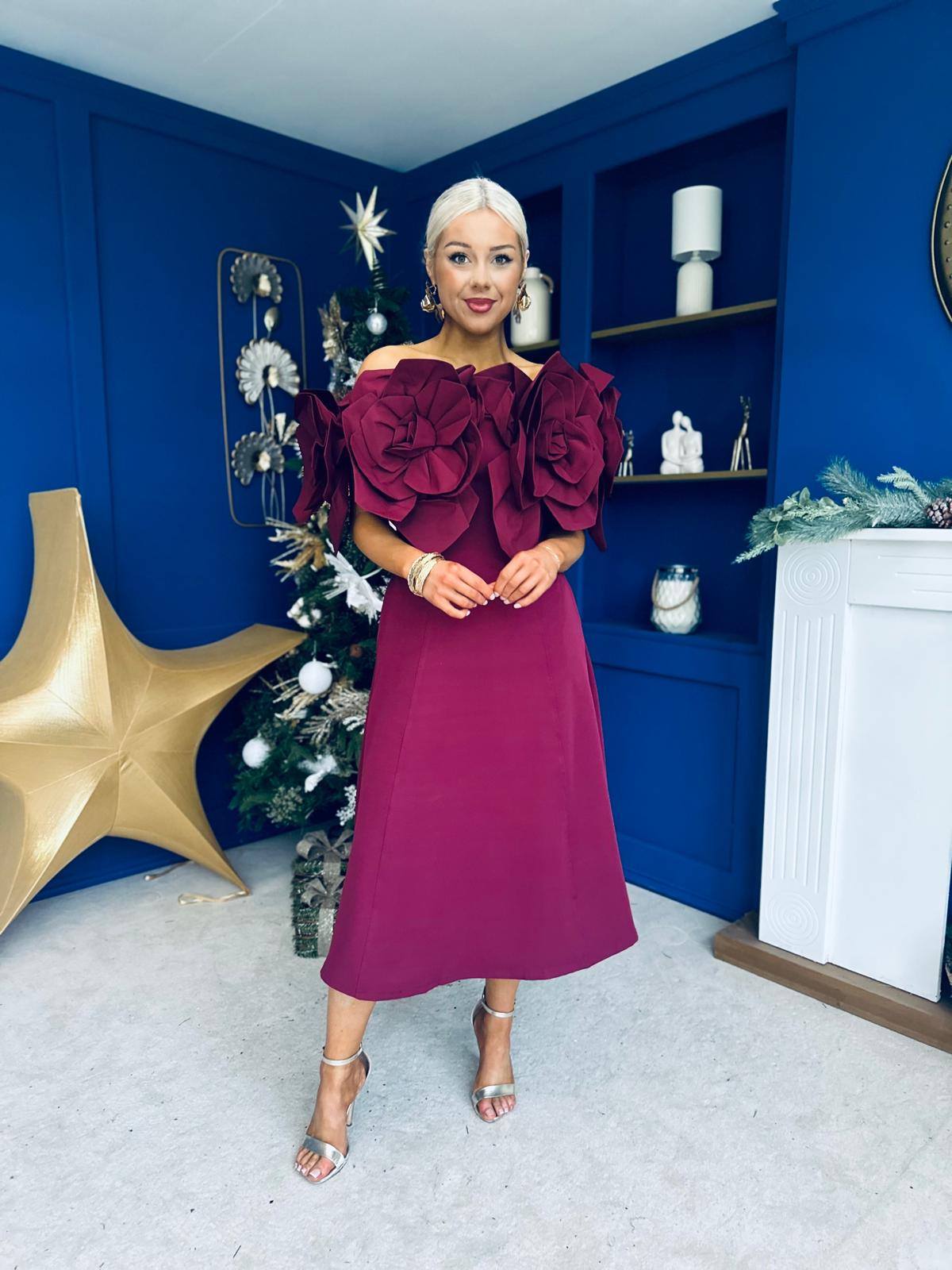 Jackie Floral Detail Occasion Midi Dress Burgundy