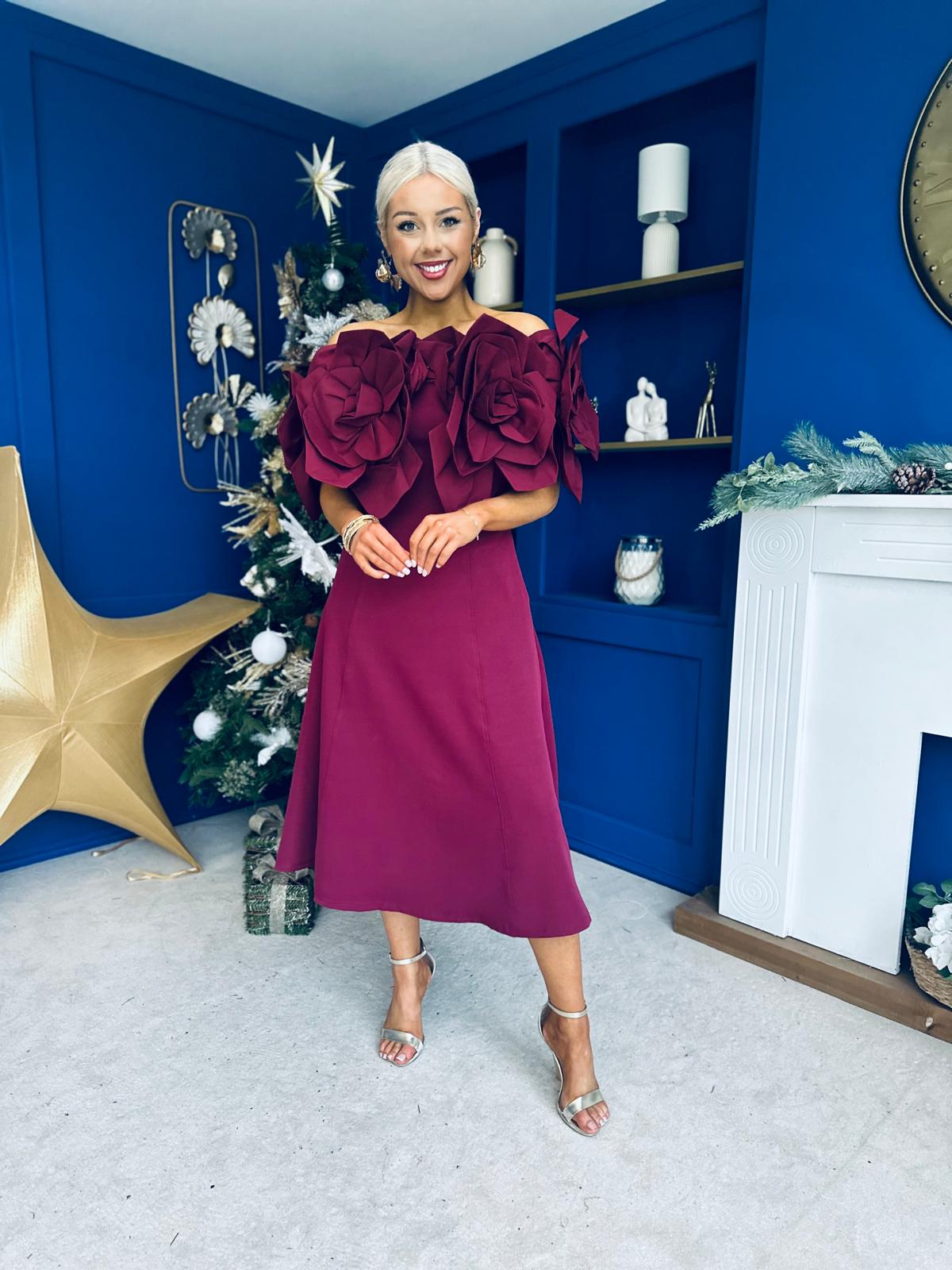 Jackie Floral Detail Occasion Midi Dress Burgundy