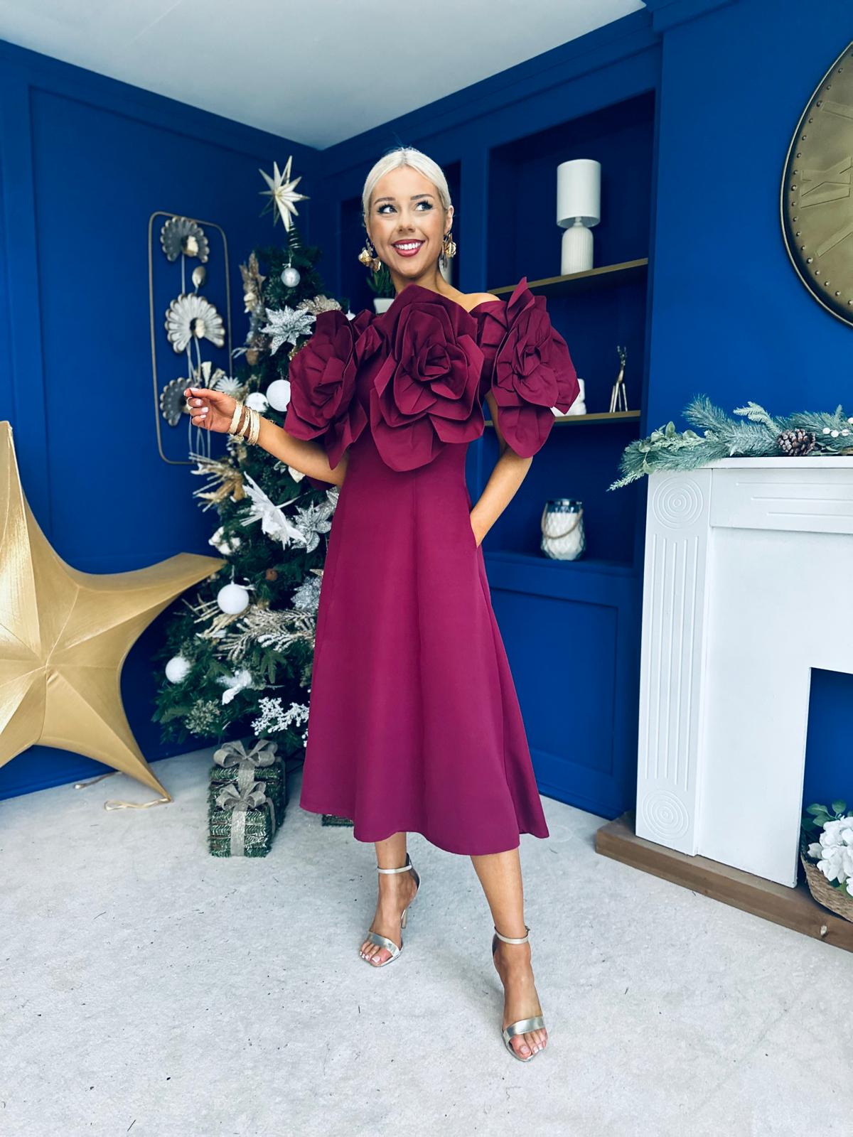 Jackie Floral Detail Occasion Midi Dress Burgundy