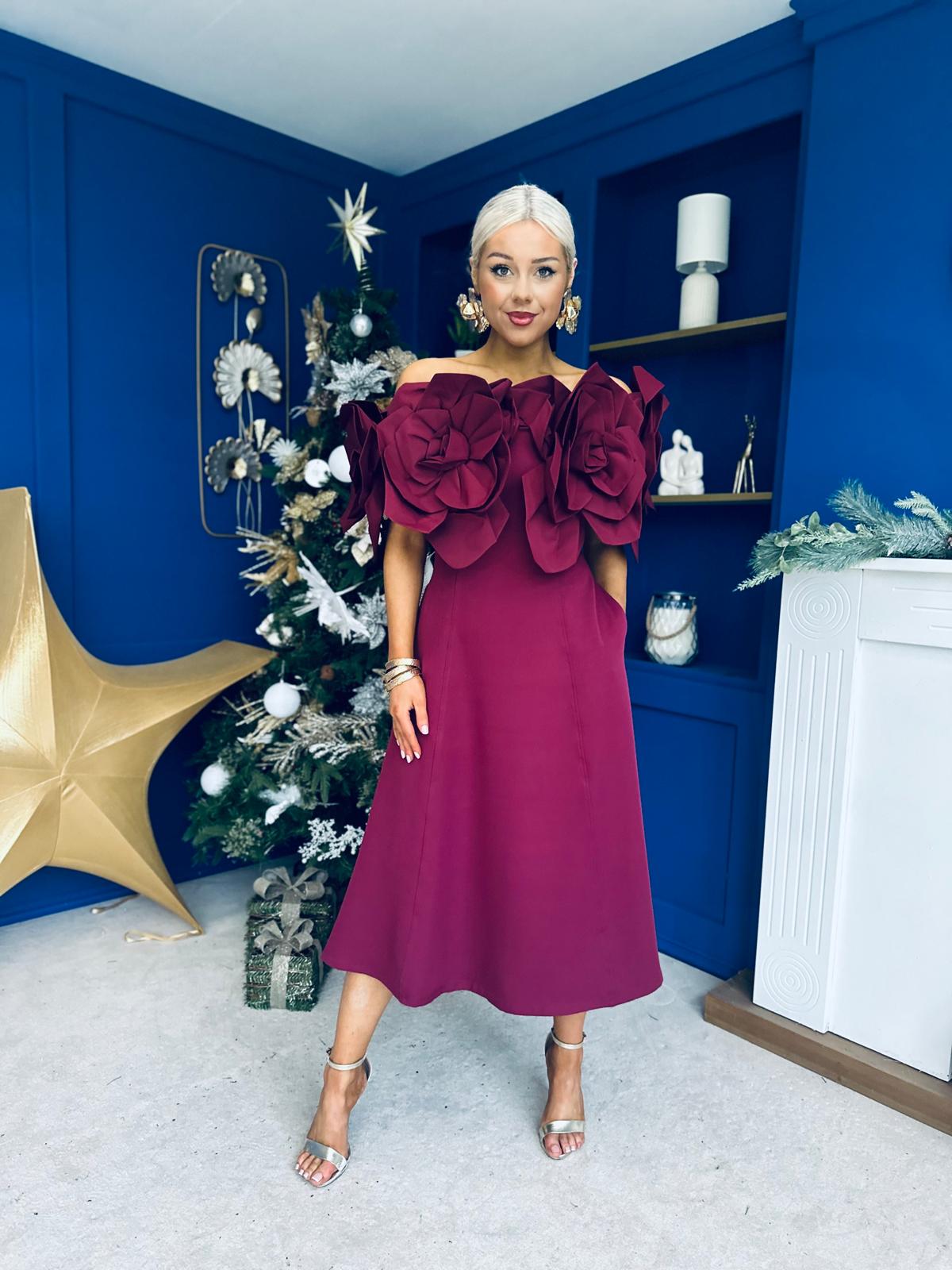 Jackie Floral Detail Occasion Midi Dress Burgundy