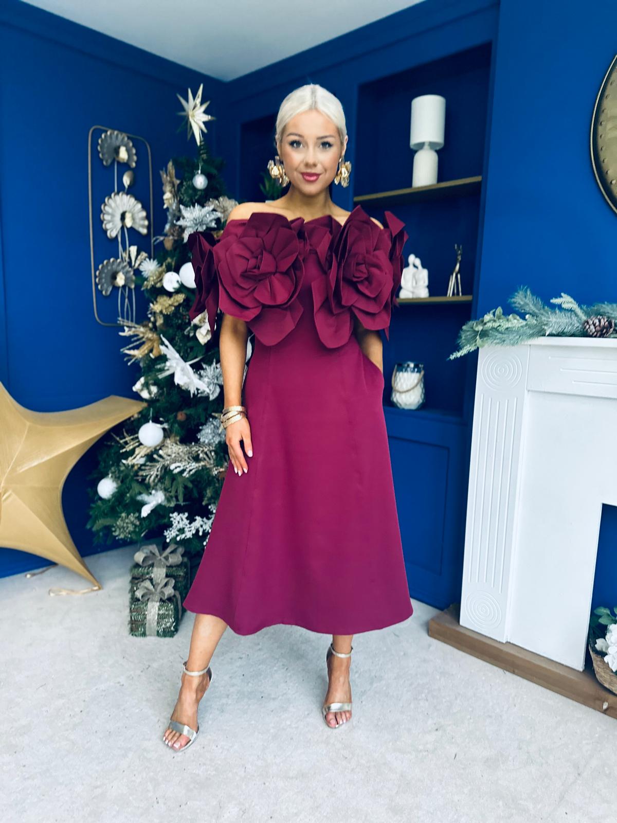 Jackie Floral Detail Occasion Midi Dress Burgundy