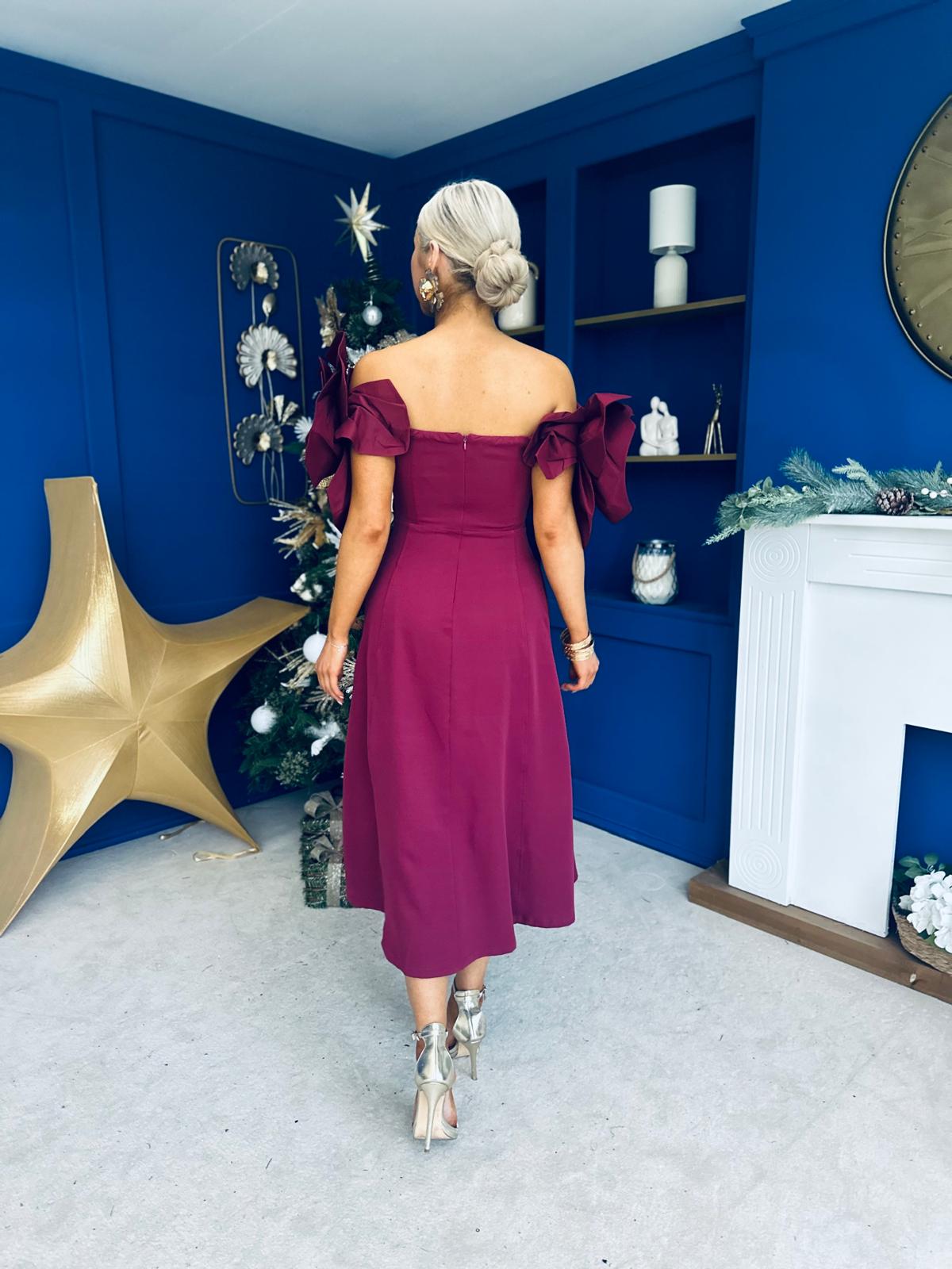 Jackie Floral Detail Occasion Midi Dress Burgundy