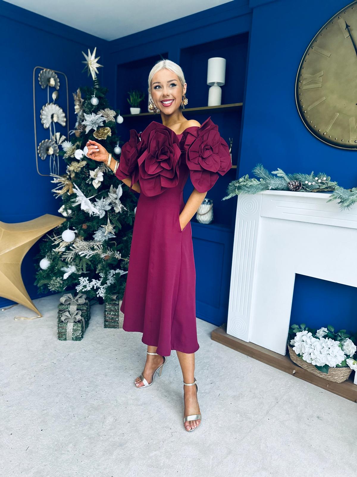 Jackie Floral Detail Occasion Midi Dress Burgundy