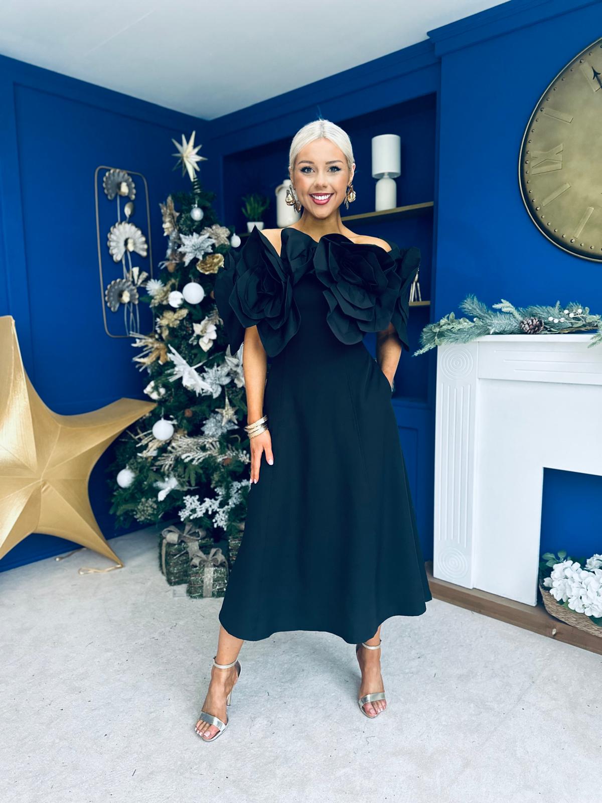 Jackie Floral Detail Occasion Midi Dress Black