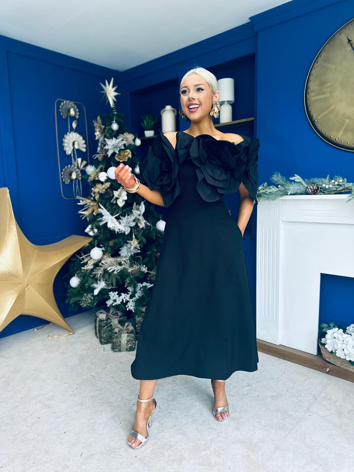 Jackie Floral Detail Occasion Midi Dress Black