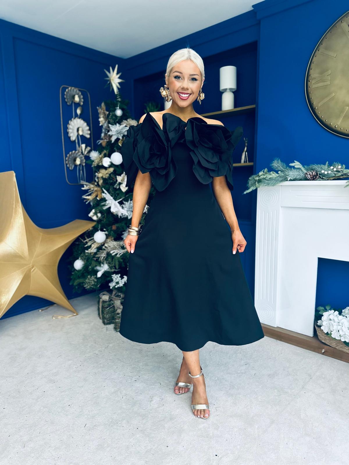 Jackie Floral Detail Occasion Midi Dress Black