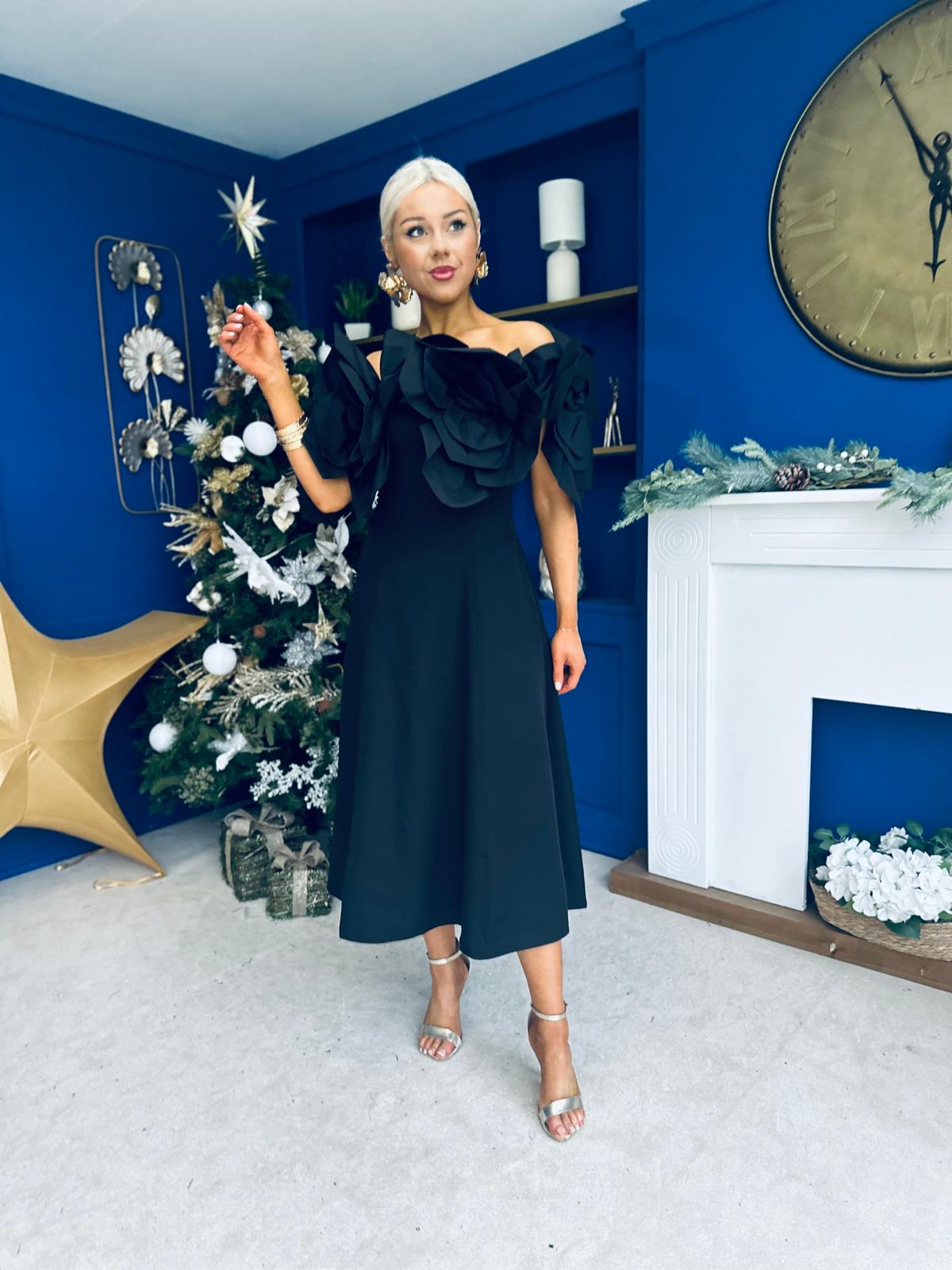 Jackie Floral Detail Occasion Midi Dress Black