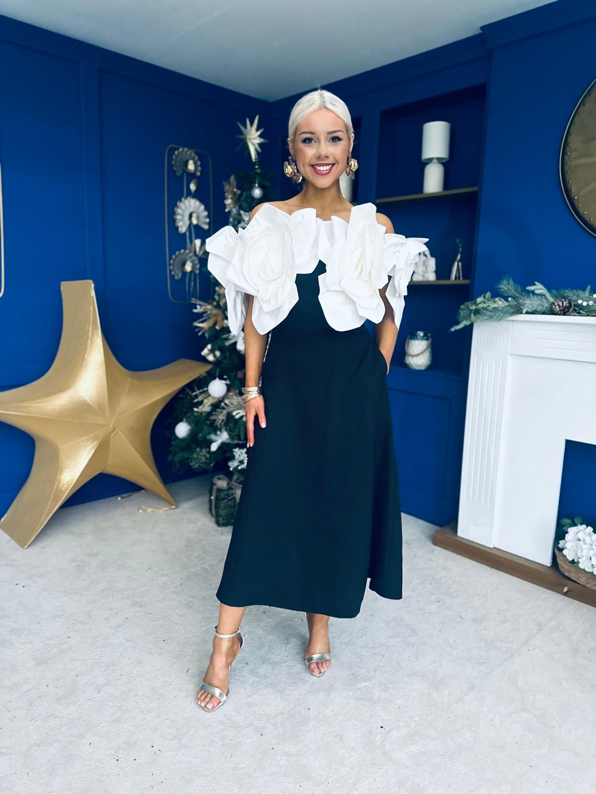 Jackie Floral Detail Occasion Midi Dress Monochrome