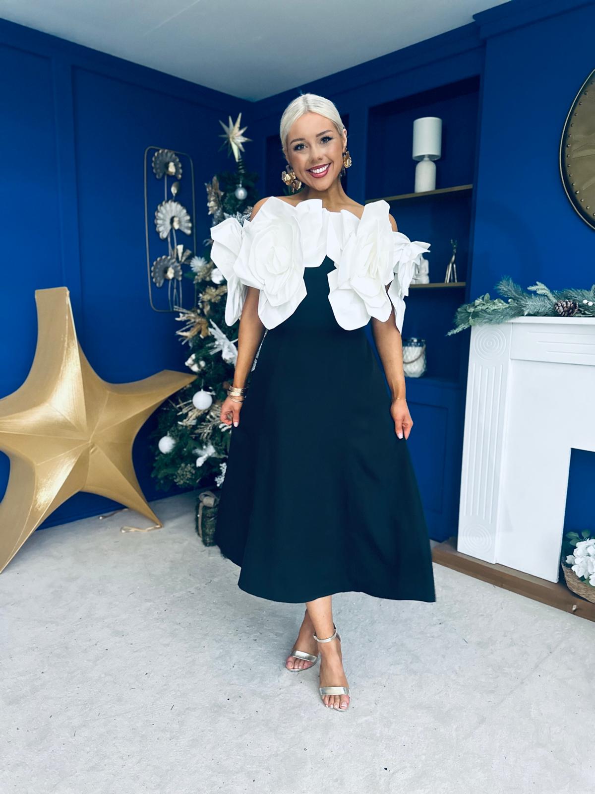 Jackie Floral Detail Occasion Midi Dress Monochrome