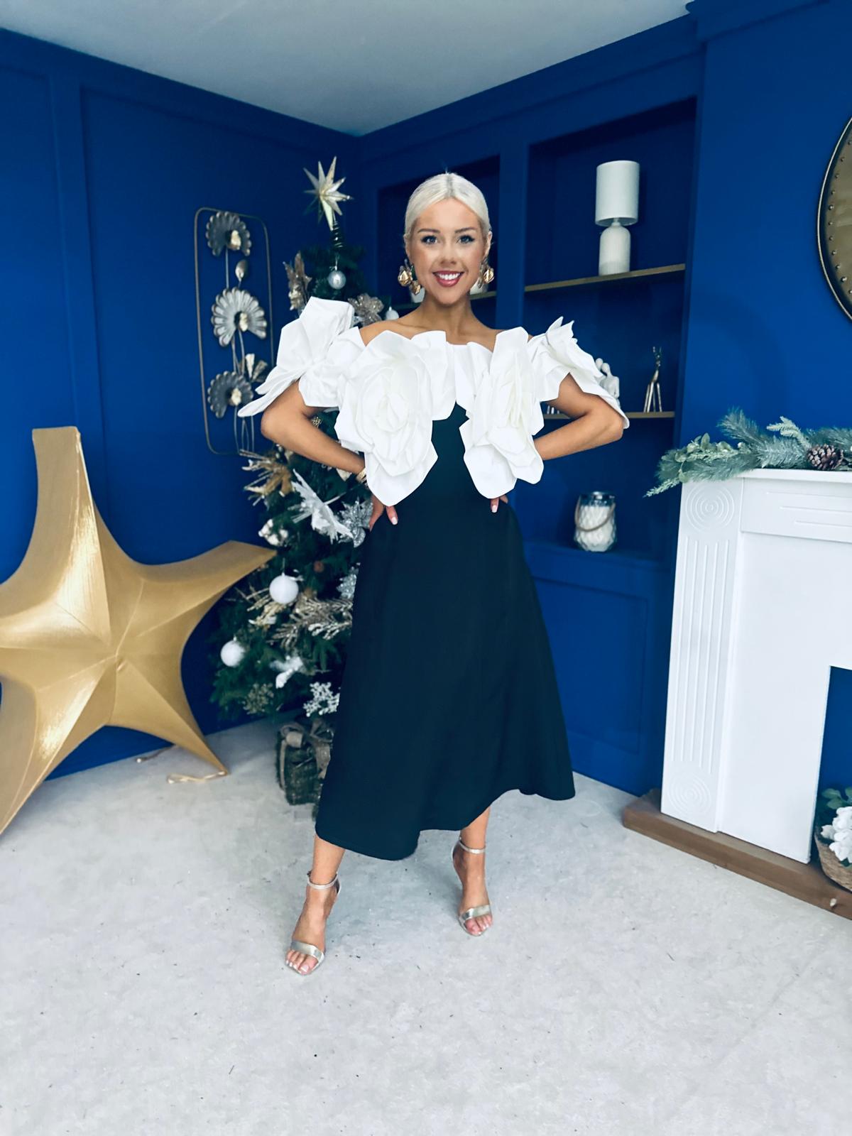 Jackie Floral Detail Occasion Midi Dress Monochrome