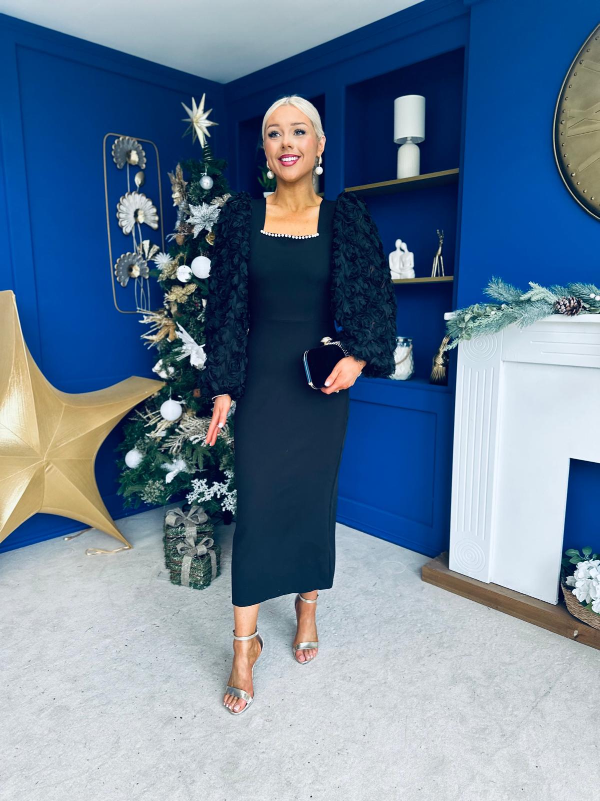 Alannah Floral Sleeve Occasion Midi Dress Black