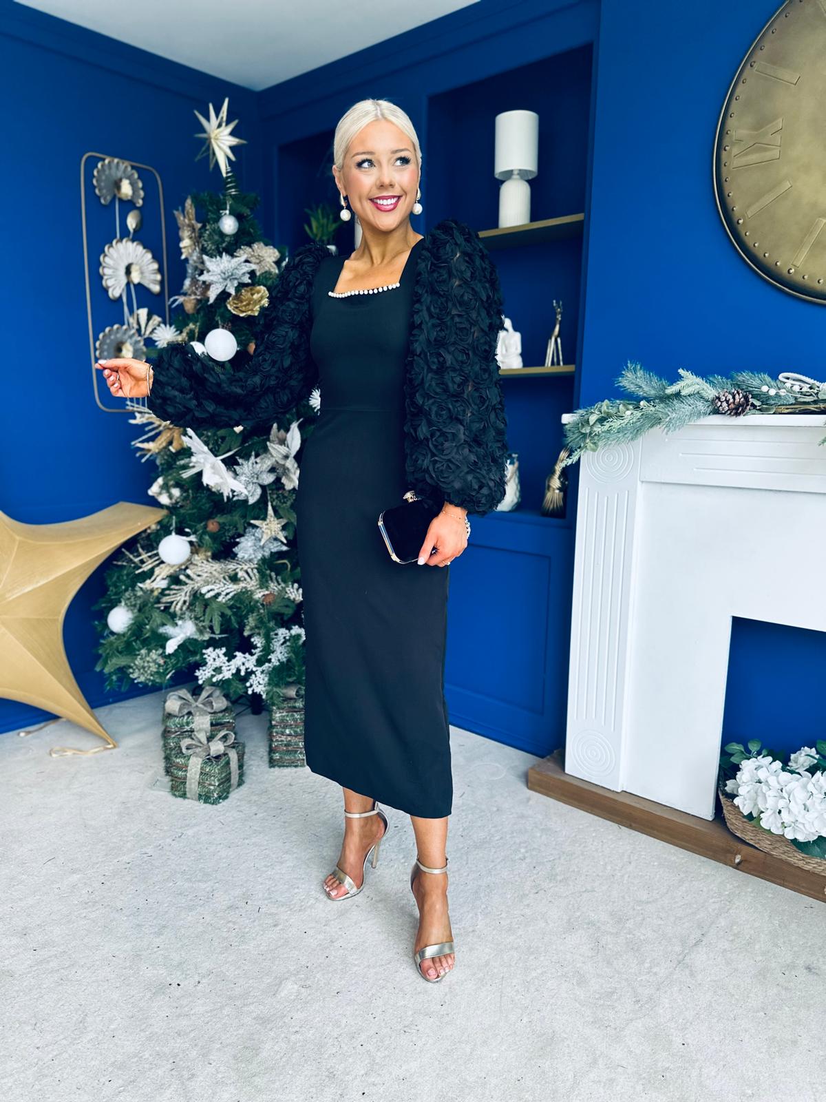 Alannah Floral Sleeve Occasion Midi Dress Black