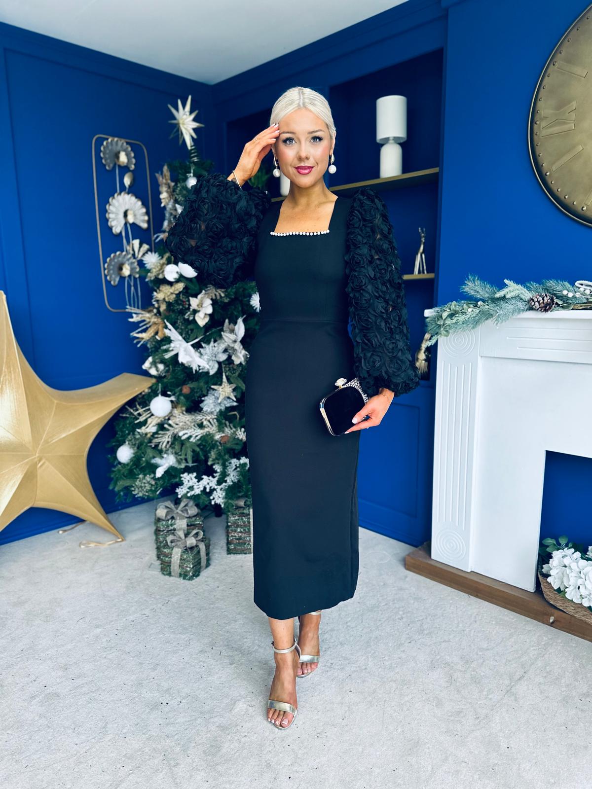 Alannah Floral Sleeve Occasion Midi Dress Black