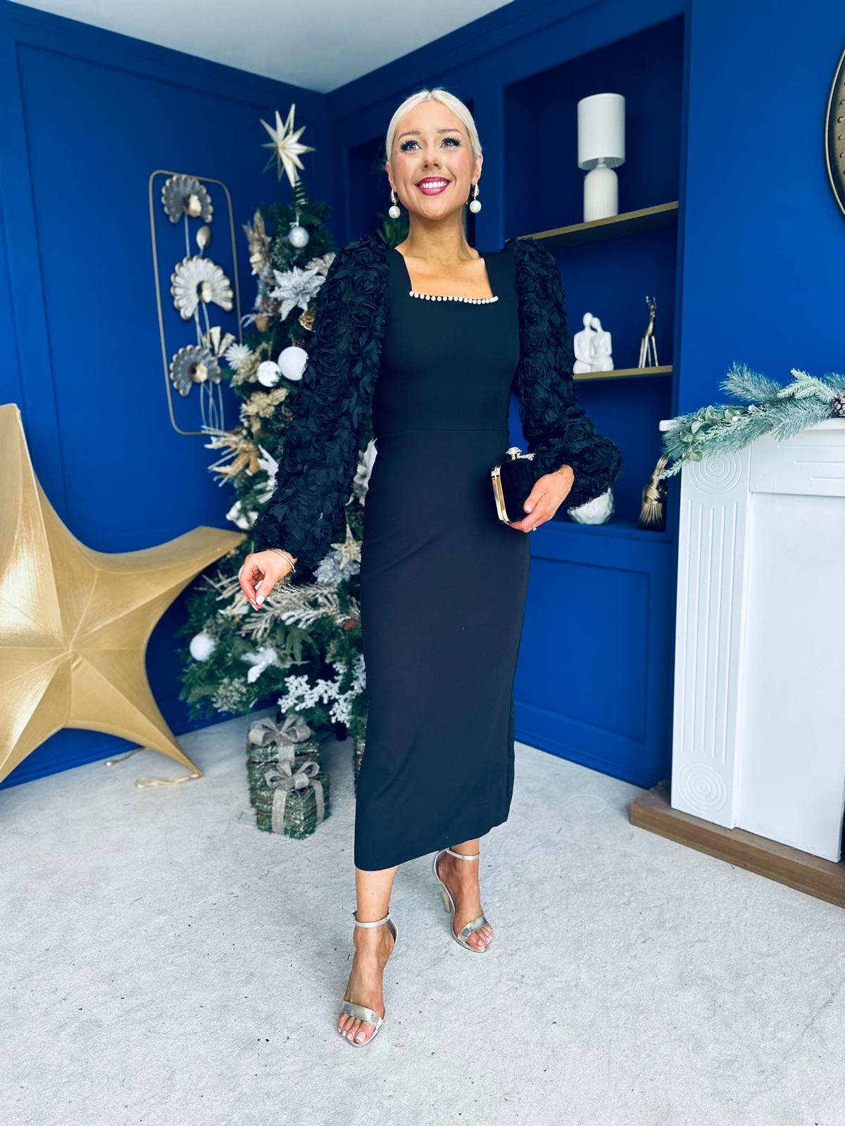 Alannah Floral Sleeve Occasion Midi Dress Black