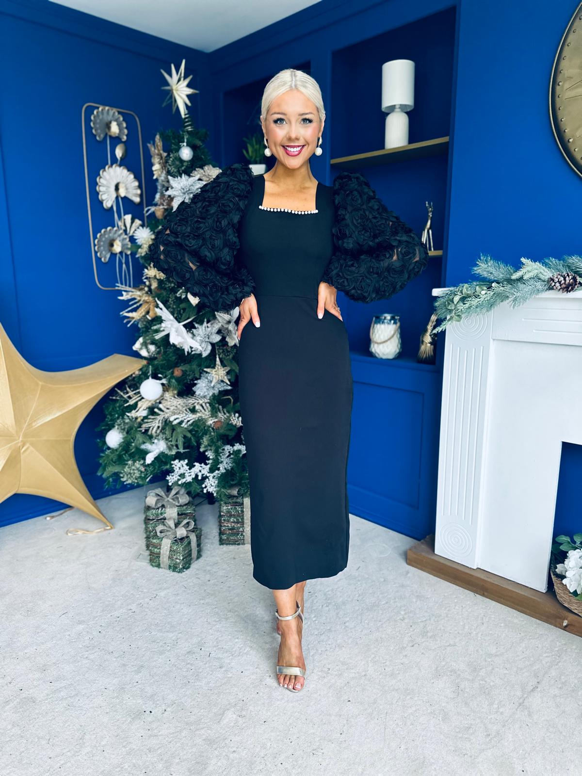 Alannah Floral Sleeve Occasion Midi Dress Black