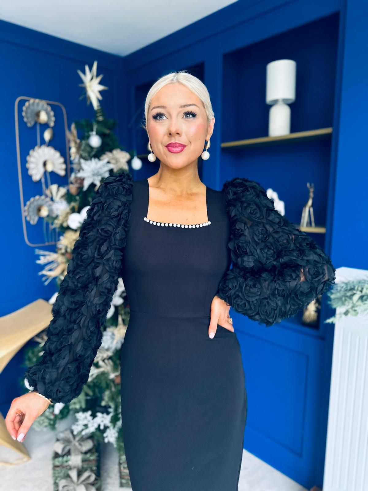 Alannah Floral Sleeve Occasion Midi Dress Black