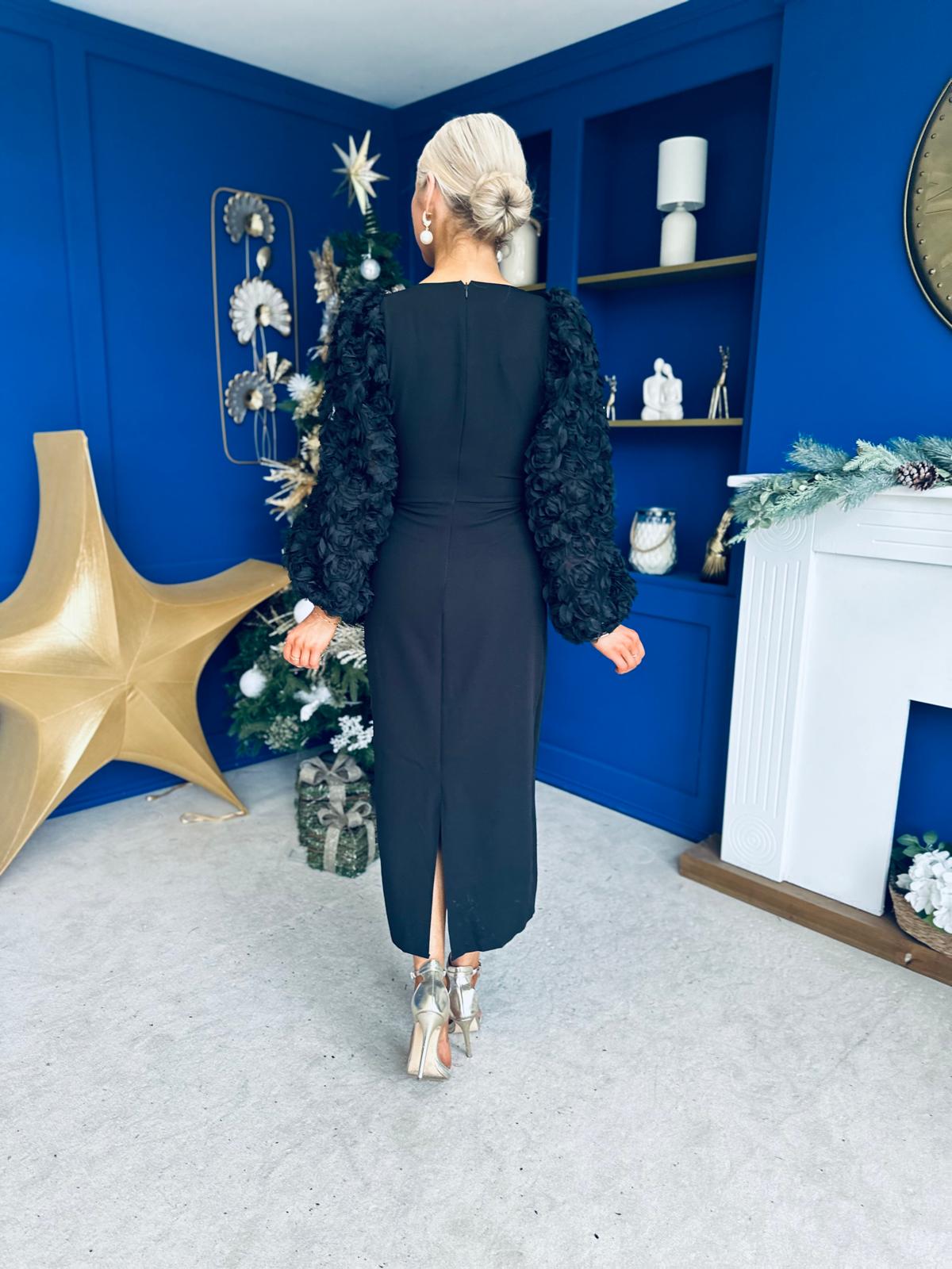 Alannah Floral Sleeve Occasion Midi Dress Black