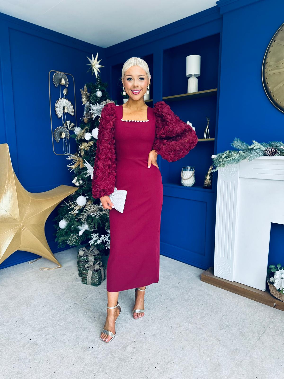 Alannah Floral Sleeve Occasion Midi Dress Wine