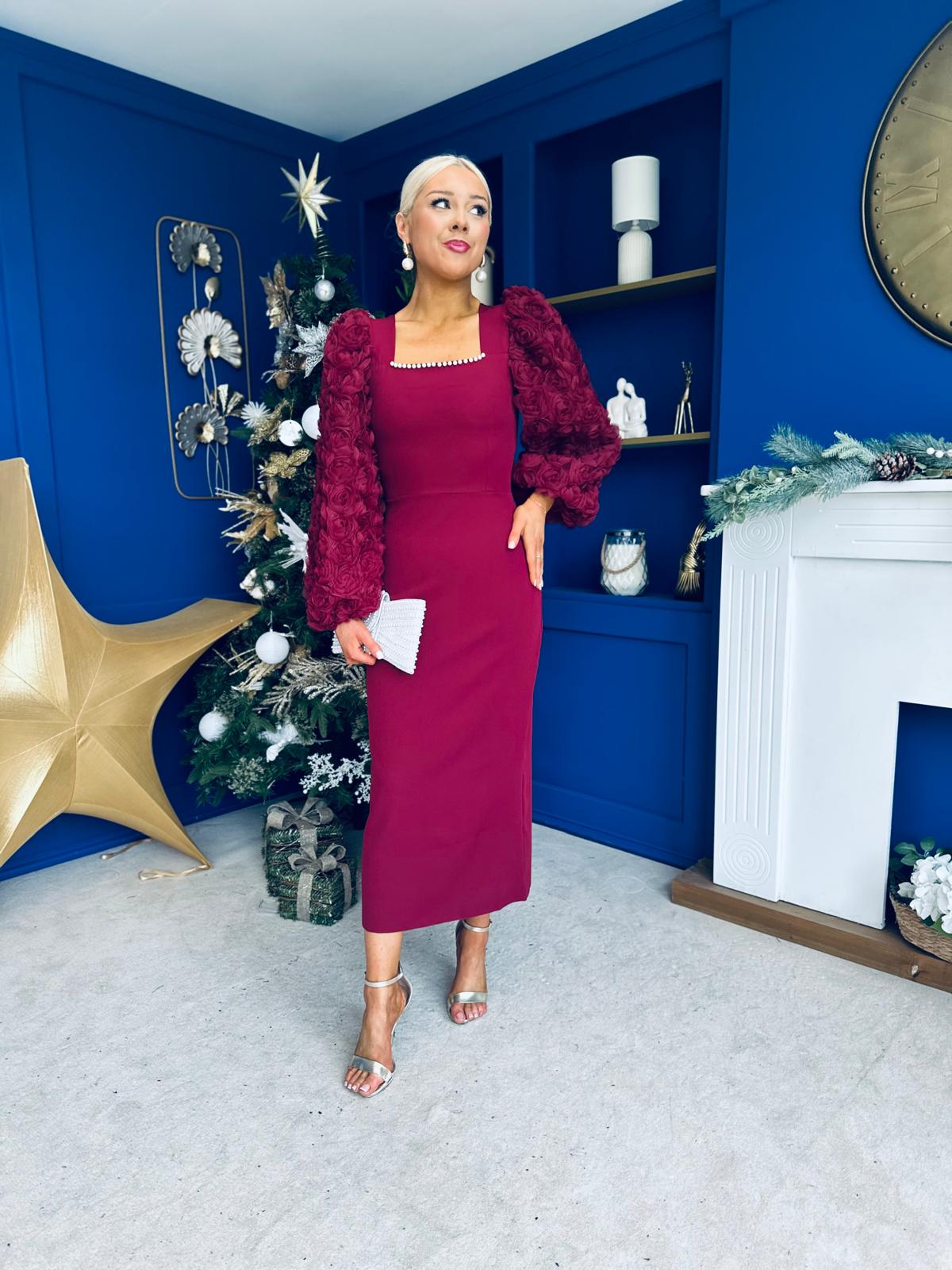 Alannah Floral Sleeve Occasion Midi Dress Wine