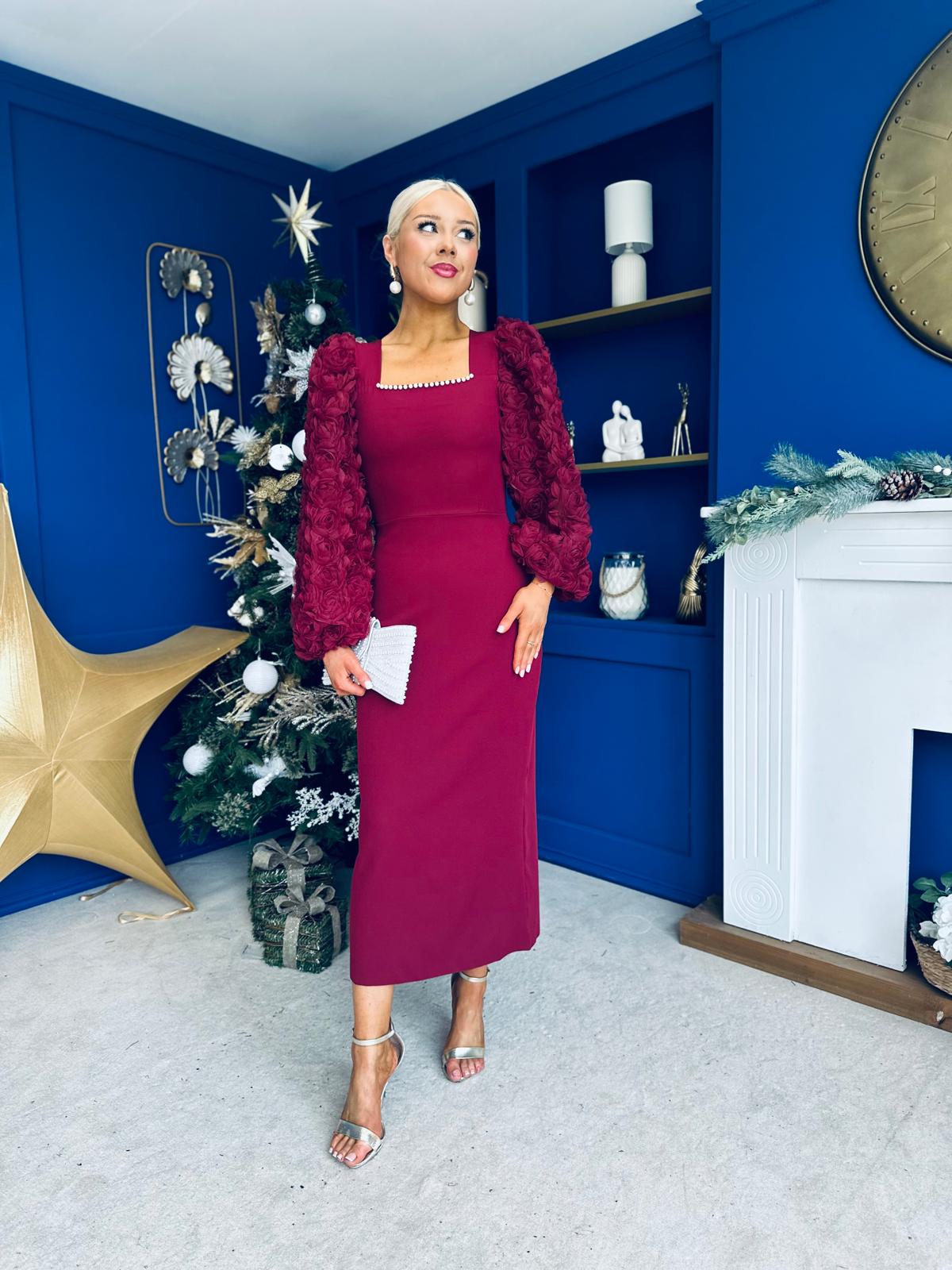 Alannah Floral Sleeve Occasion Midi Dress Wine