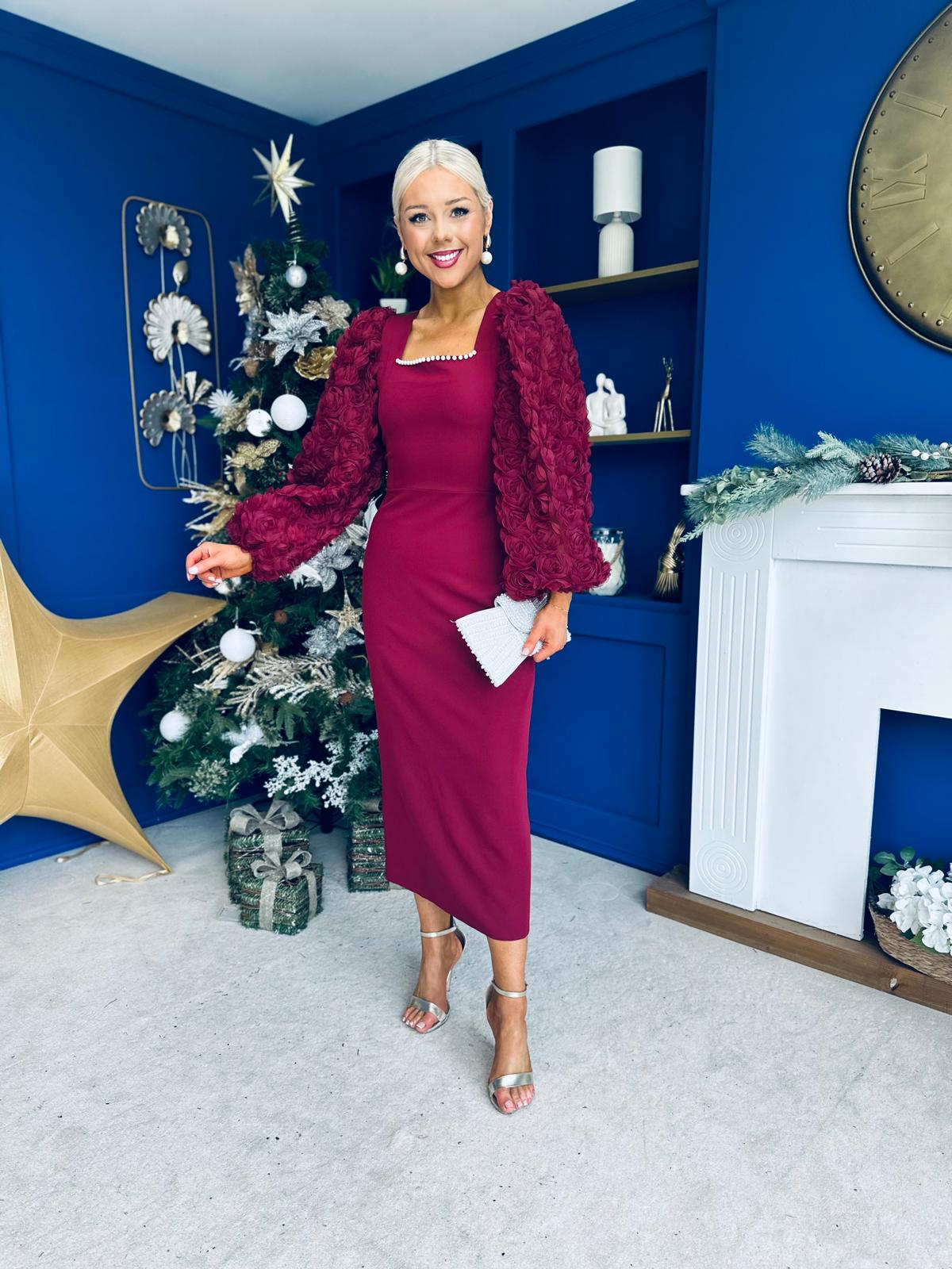 Alannah Floral Sleeve Occasion Midi Dress Wine