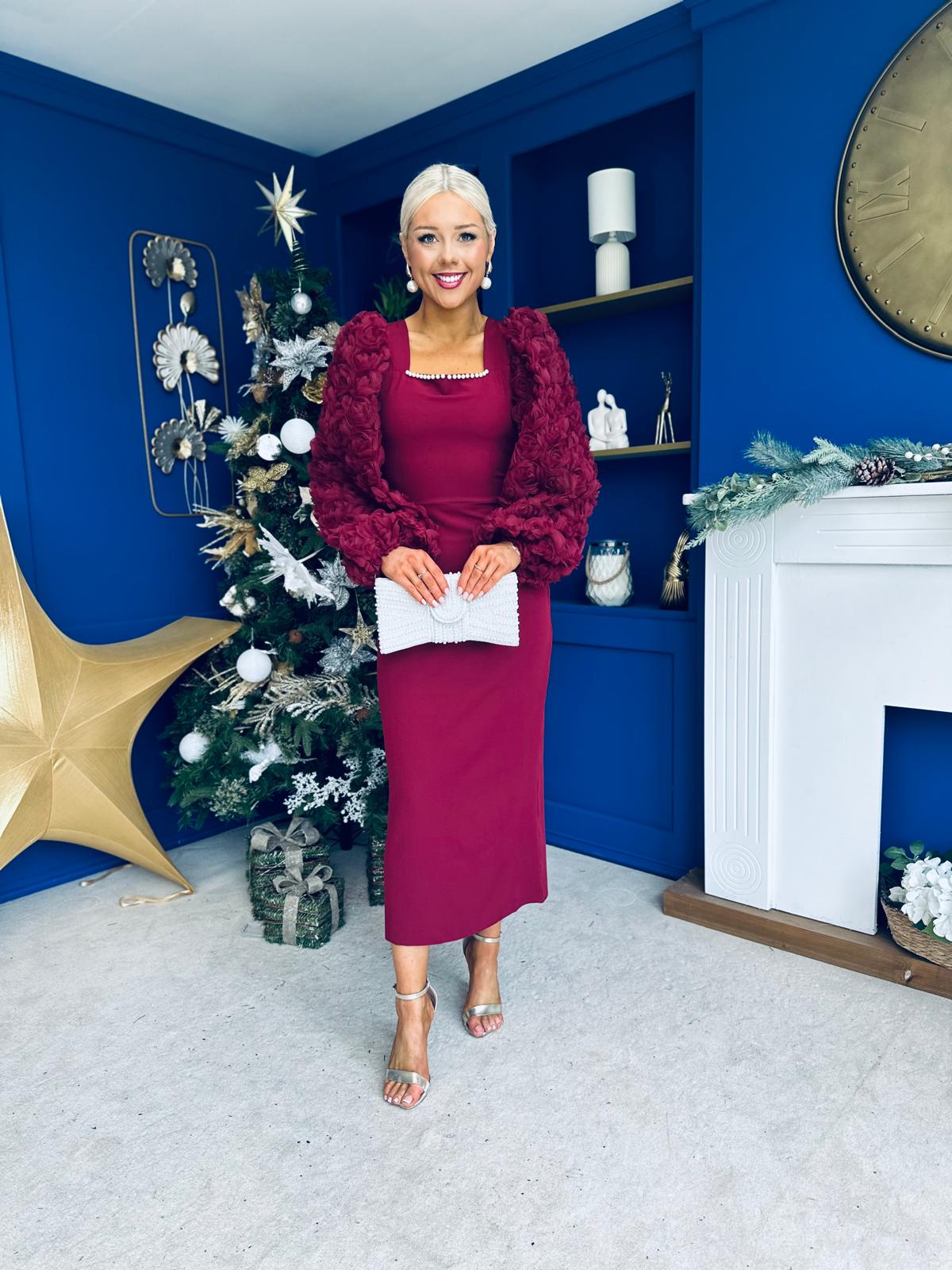 Alannah Floral Sleeve Occasion Midi Dress Wine