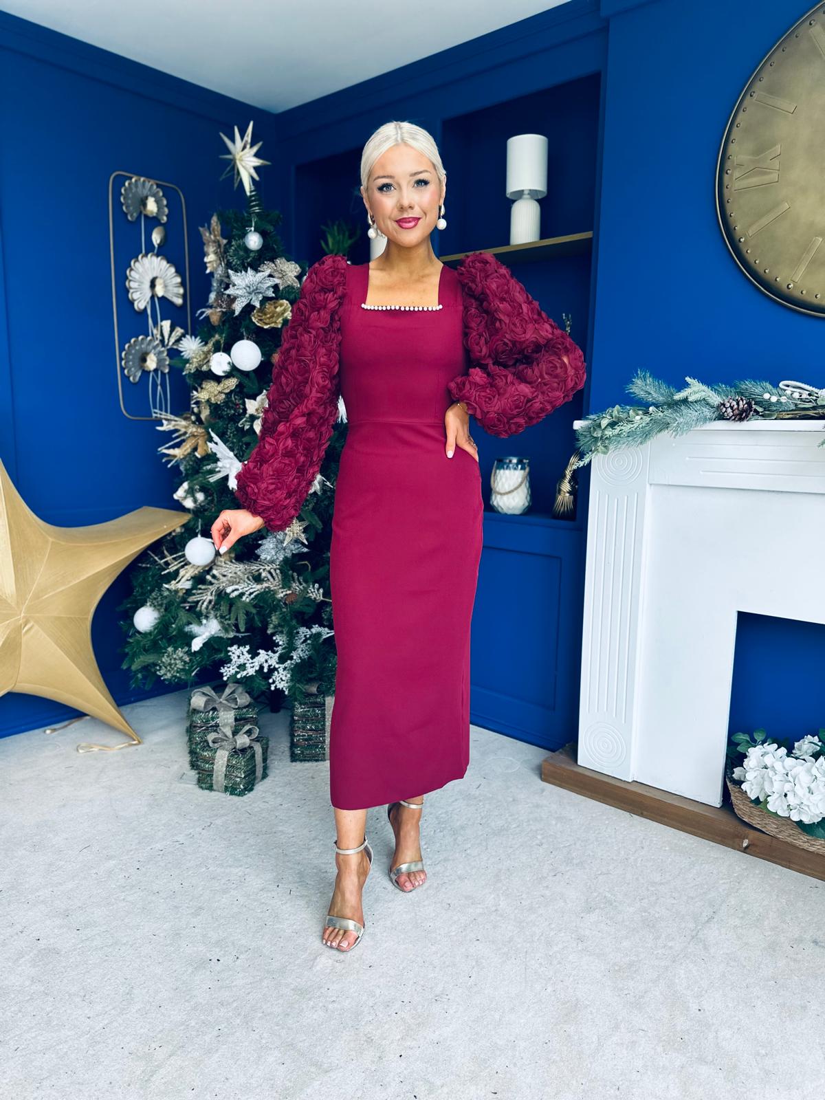 Alannah Floral Sleeve Occasion Midi Dress Wine