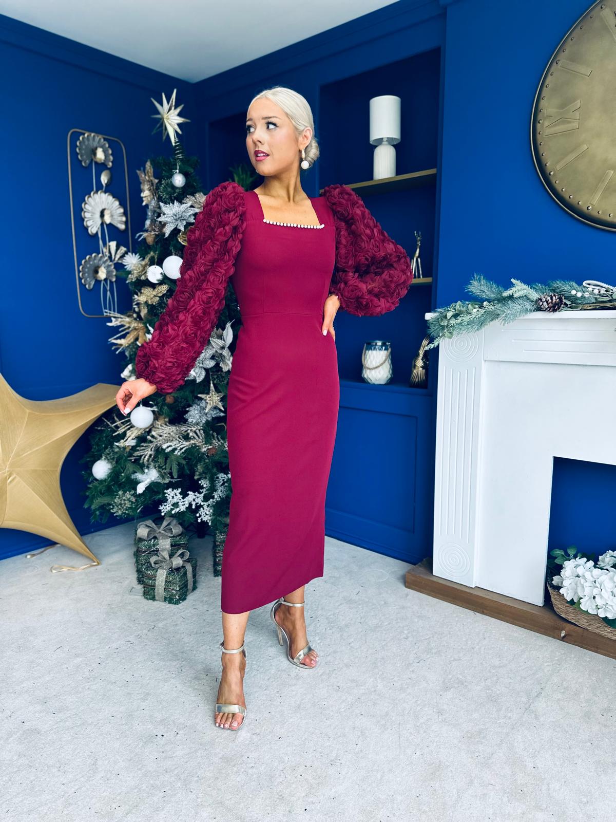 Alannah Floral Sleeve Occasion Midi Dress Wine