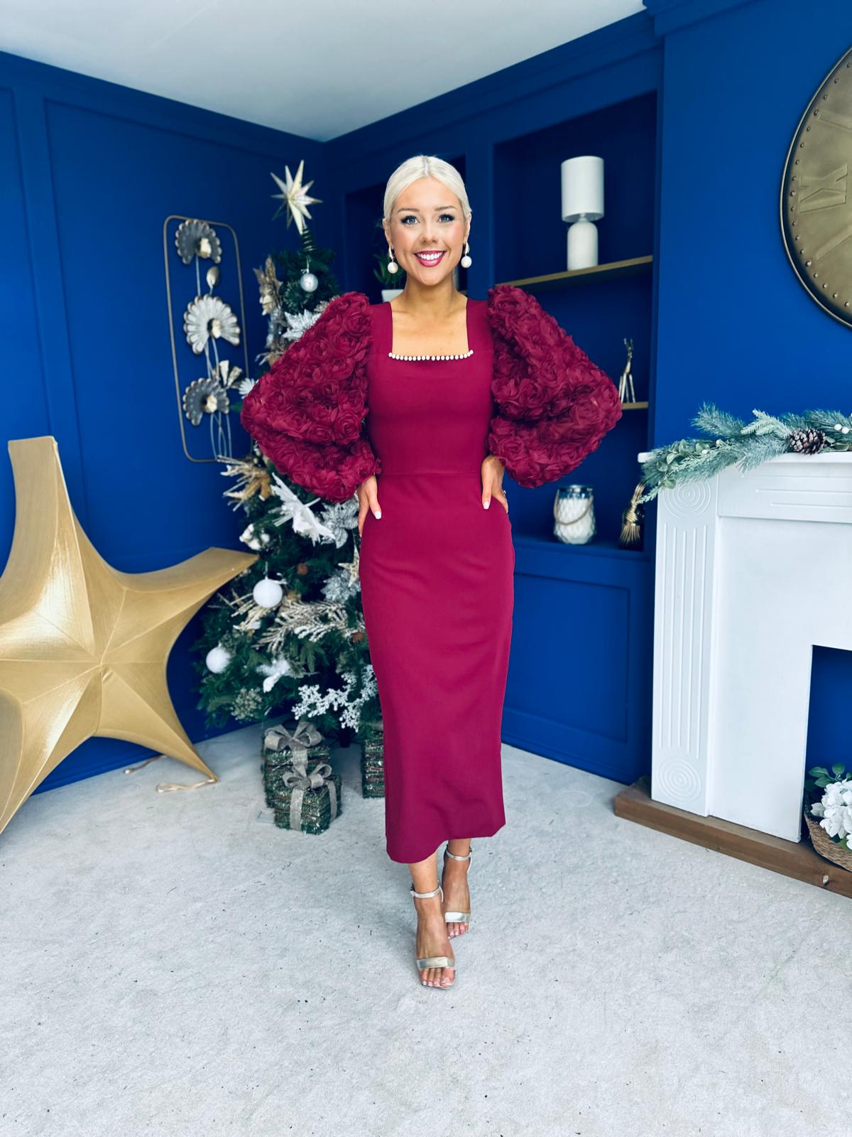 Alannah Floral Sleeve Occasion Midi Dress Wine