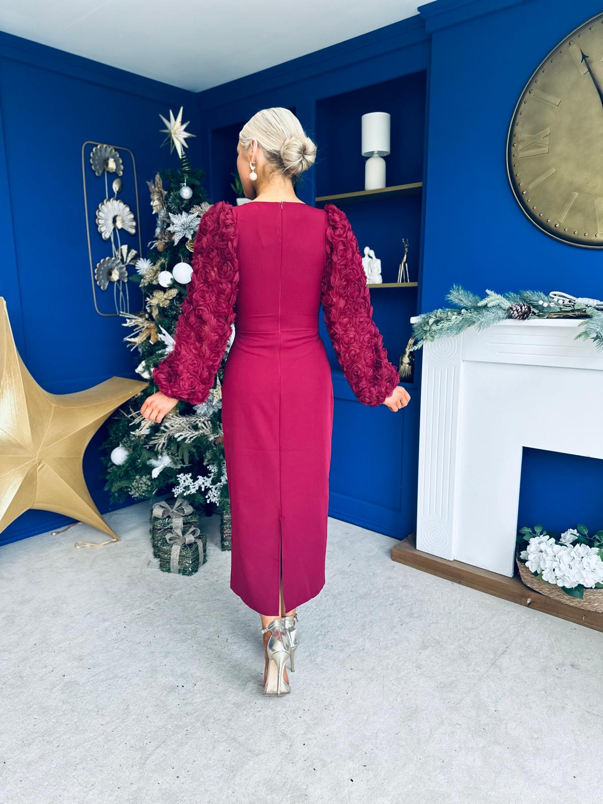 Alannah Floral Sleeve Occasion Midi Dress Wine