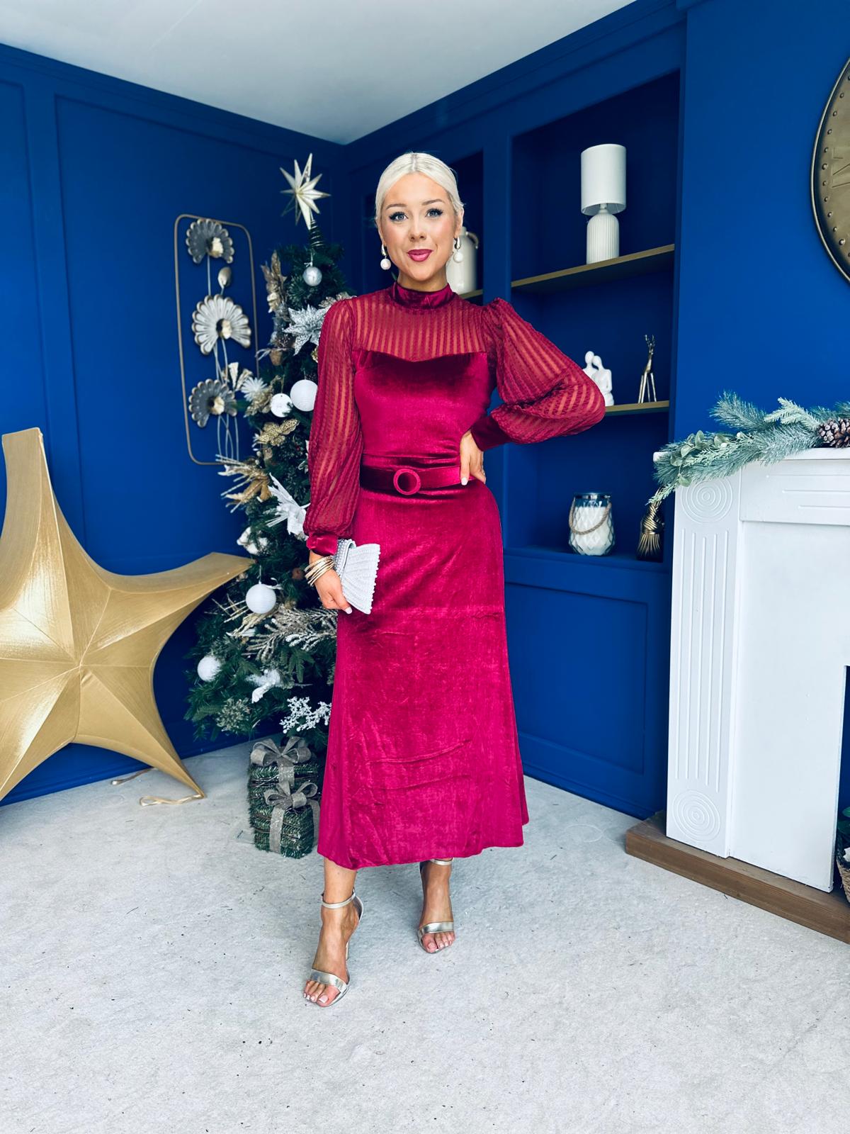 Kayla Velvet Detail Occasion Midi Dress Wine