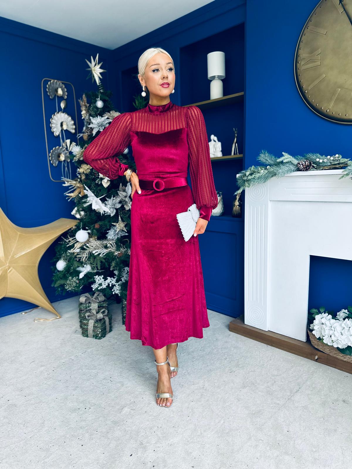 Kayla Velvet Detail Occasion Midi Dress Wine