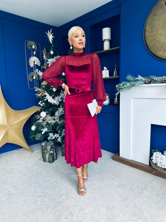Kayla Velvet Detail Occasion Midi Dress Wine