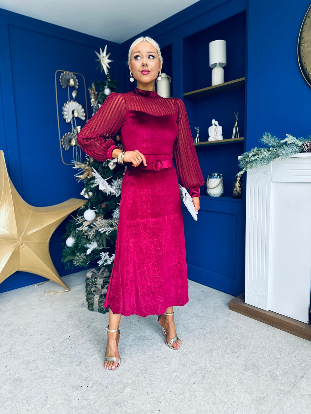 Kayla Velvet Detail Occasion Midi Dress Wine