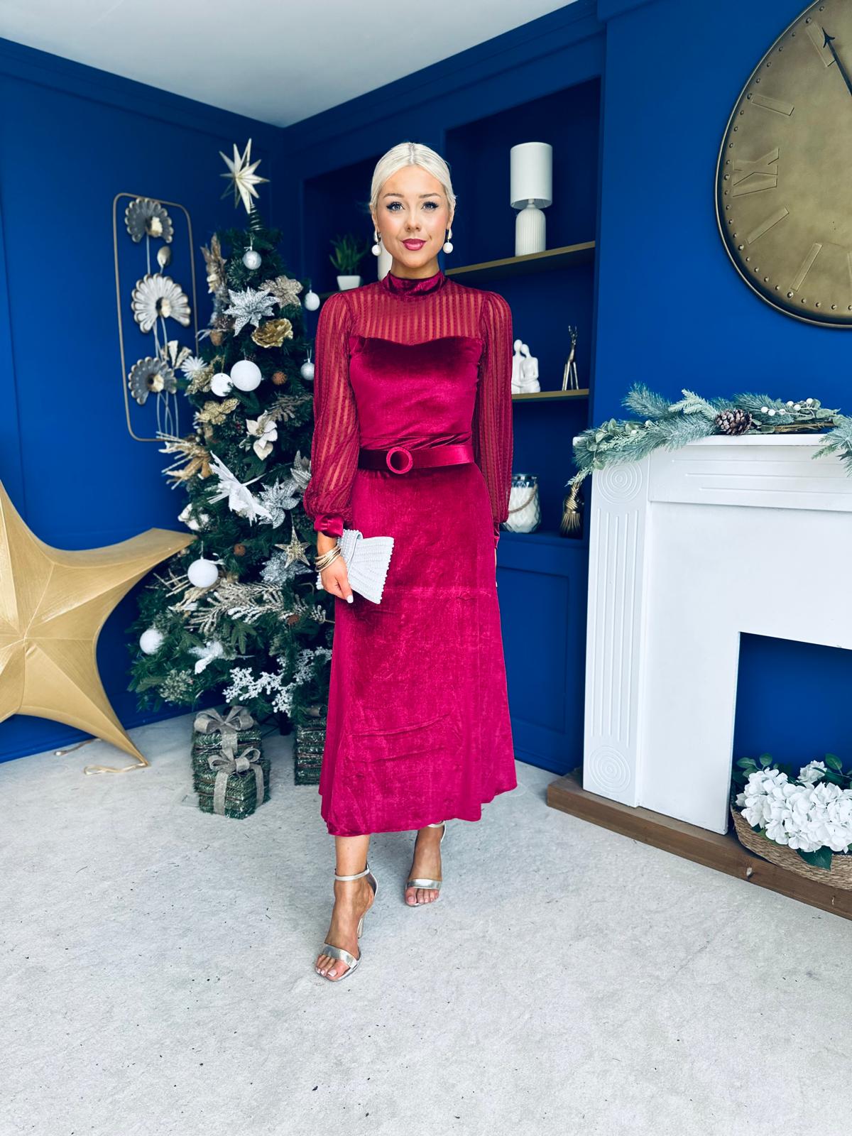 Kayla Velvet Detail Occasion Midi Dress Wine