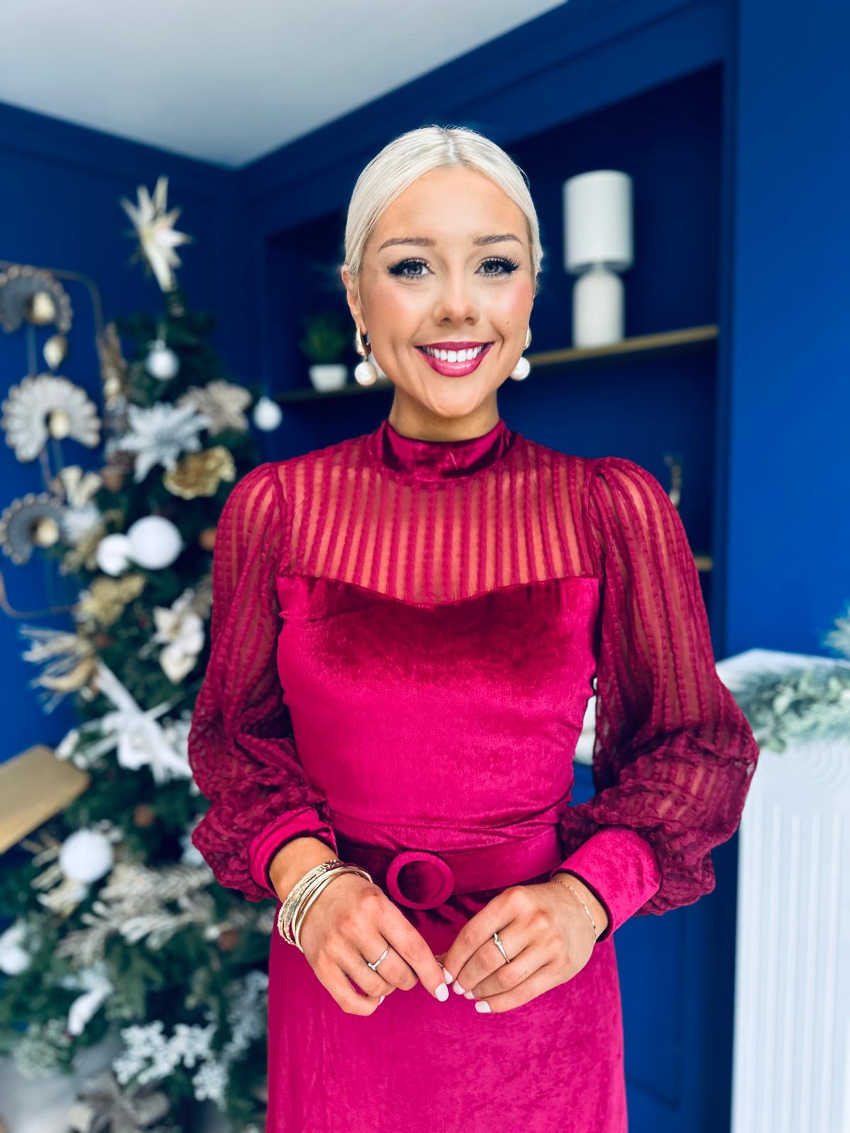 Kayla Velvet Detail Occasion Midi Dress Wine