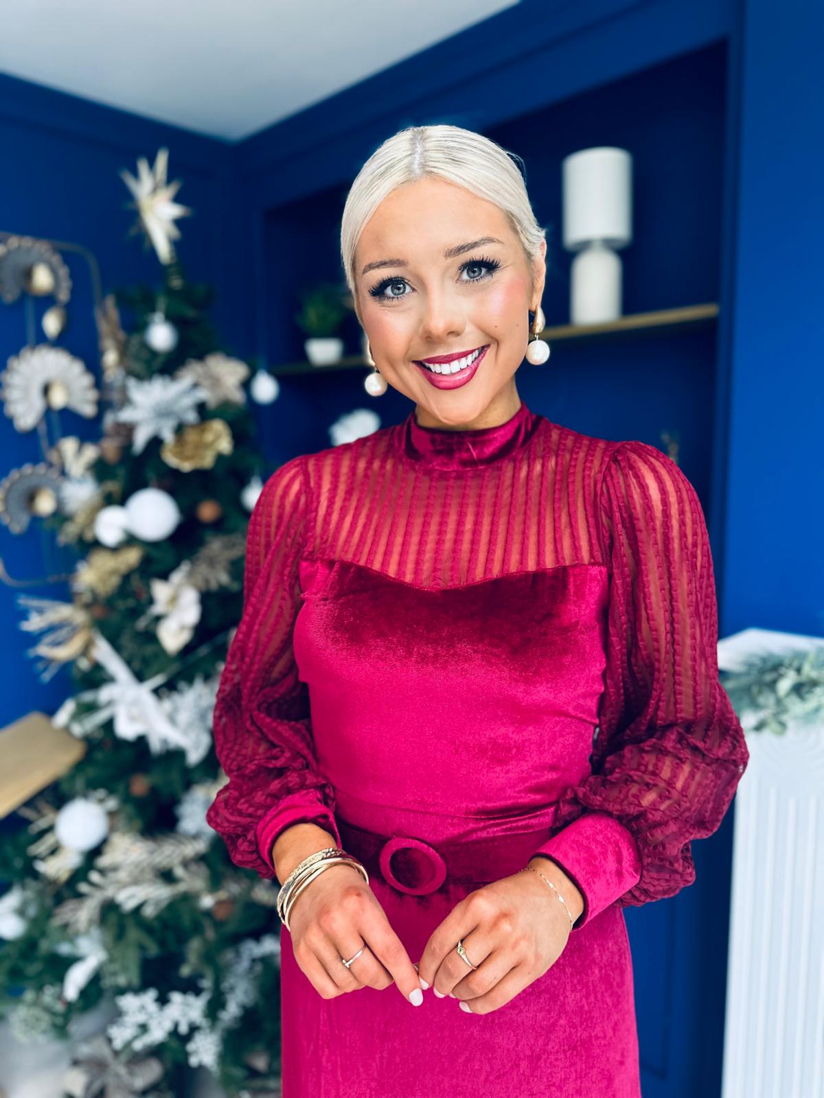 Kayla Velvet Detail Occasion Midi Dress Wine