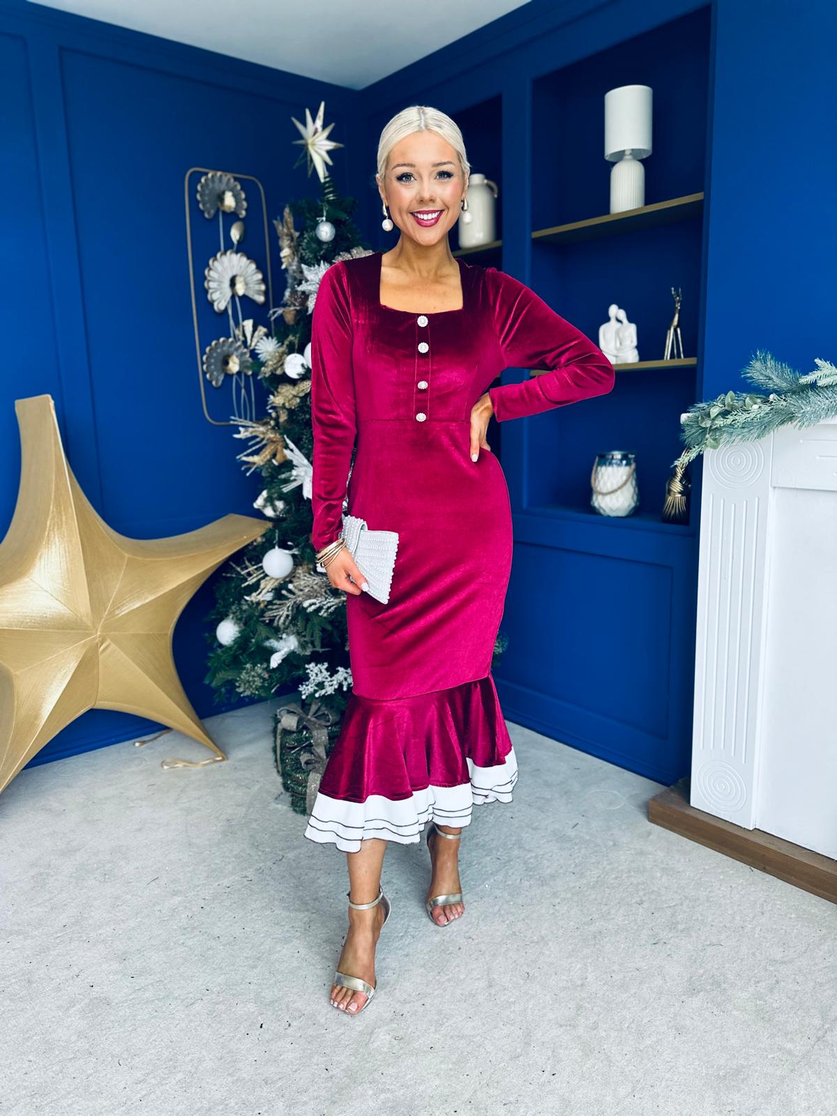 Rea Velvet Detail Occasion Midi Dress Wine