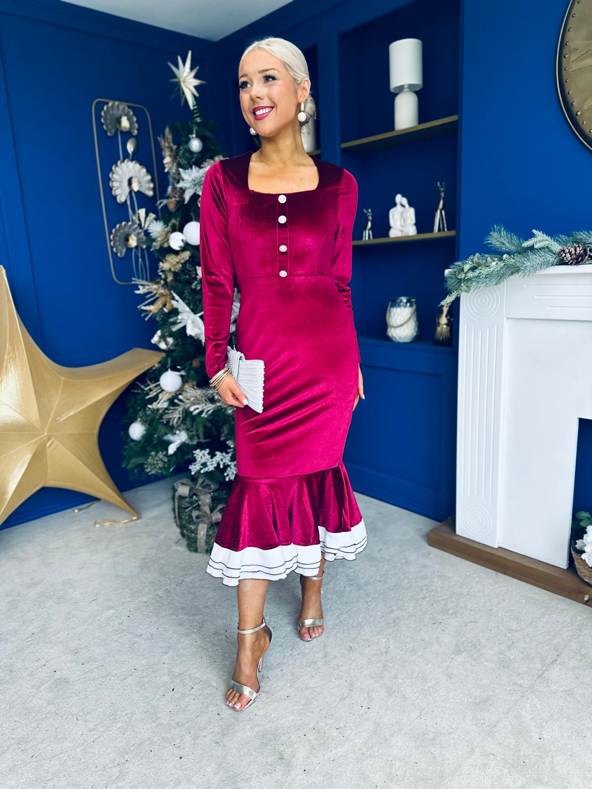 Rea Velvet Detail Occasion Midi Dress Wine