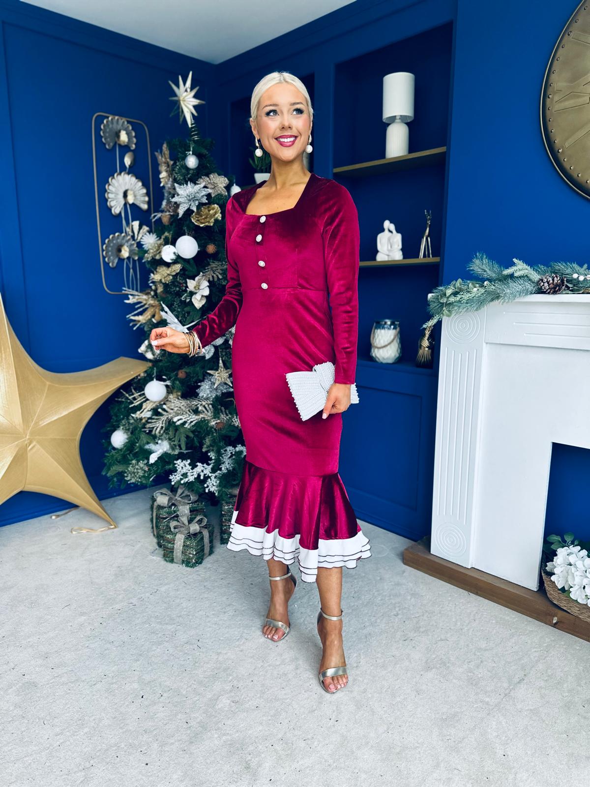 Rea Velvet Detail Occasion Midi Dress Wine