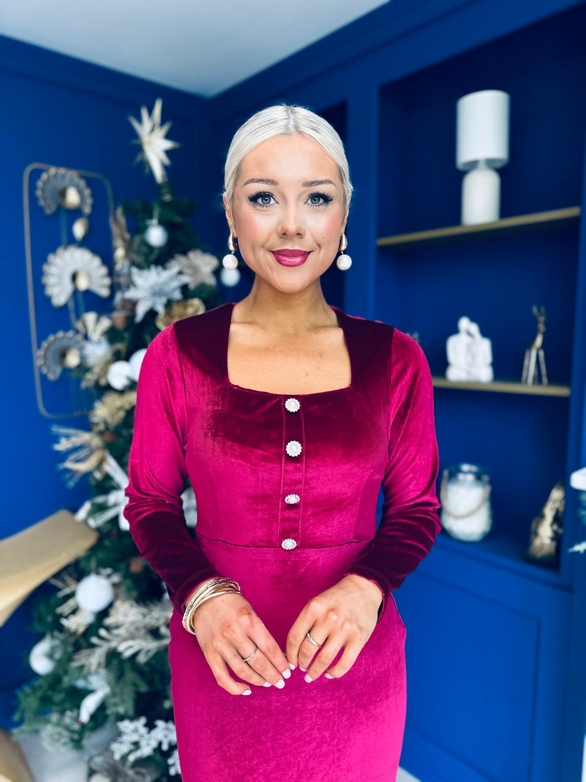 Rea Velvet Detail Occasion Midi Dress Wine