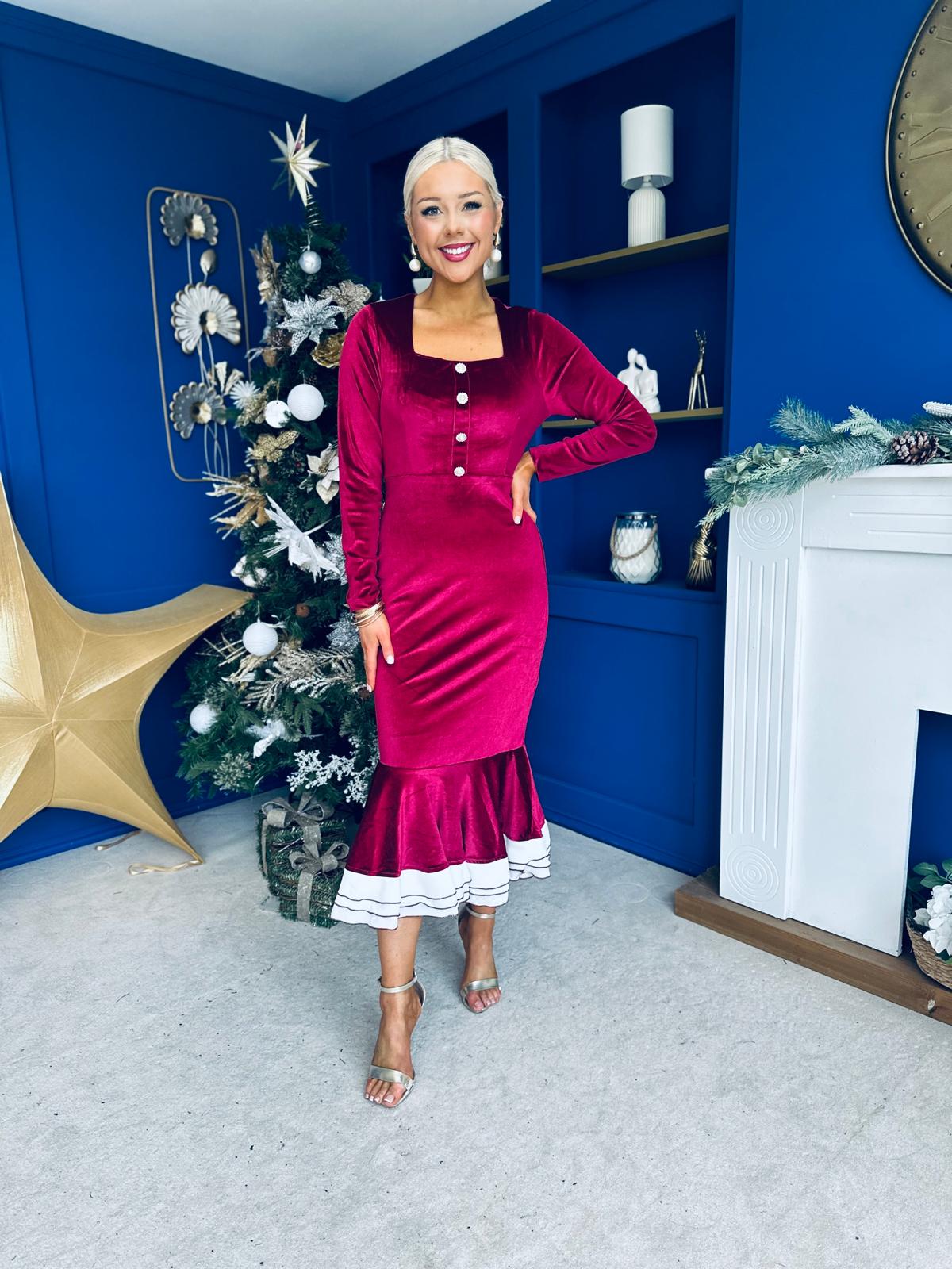 Rea Velvet Detail Occasion Midi Dress Wine