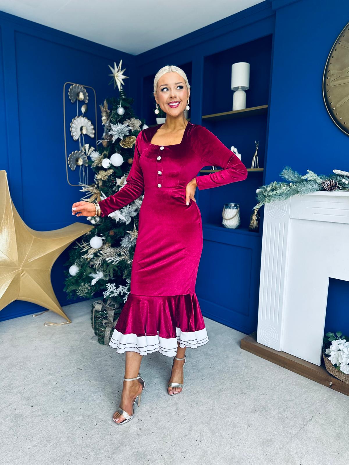 Rea Velvet Detail Occasion Midi Dress Wine