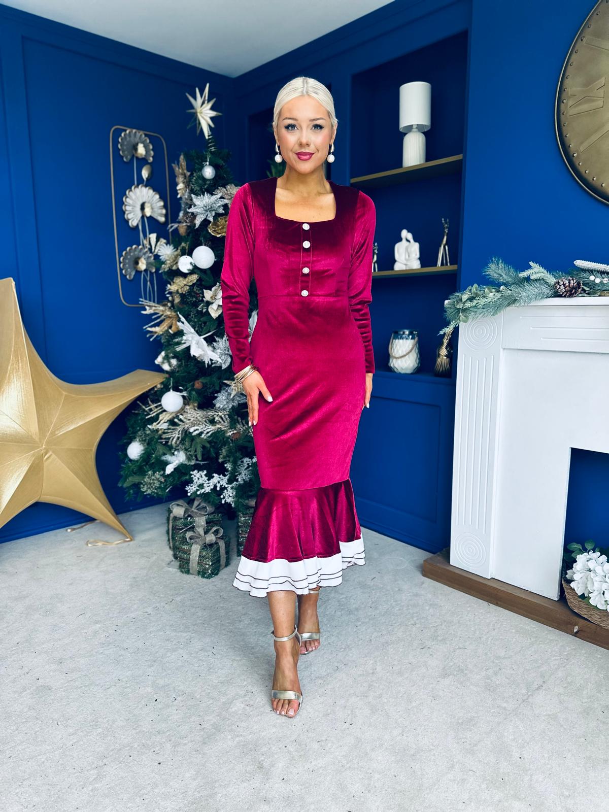 Rea Velvet Detail Occasion Midi Dress Wine