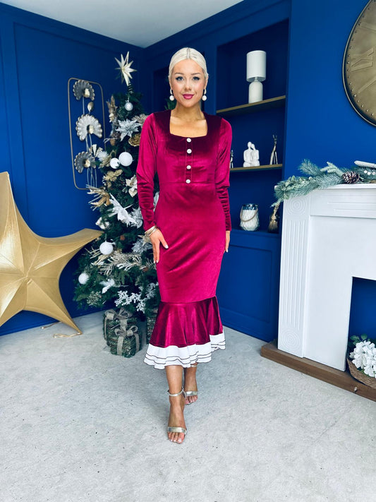 Rea Velvet Detail Occasion Midi Dress Wine