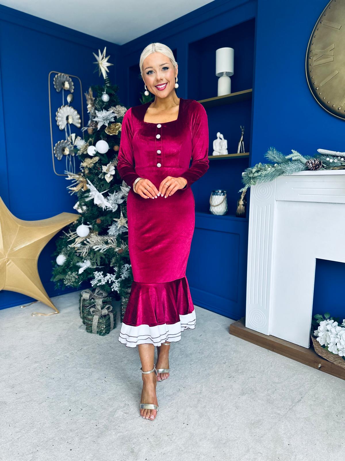 Rea Velvet Detail Occasion Midi Dress Wine