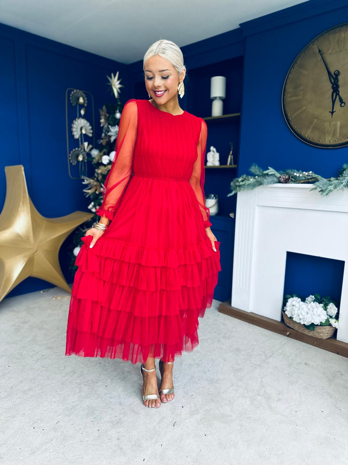 Bianca Layered Occasion Tulle Dress Red