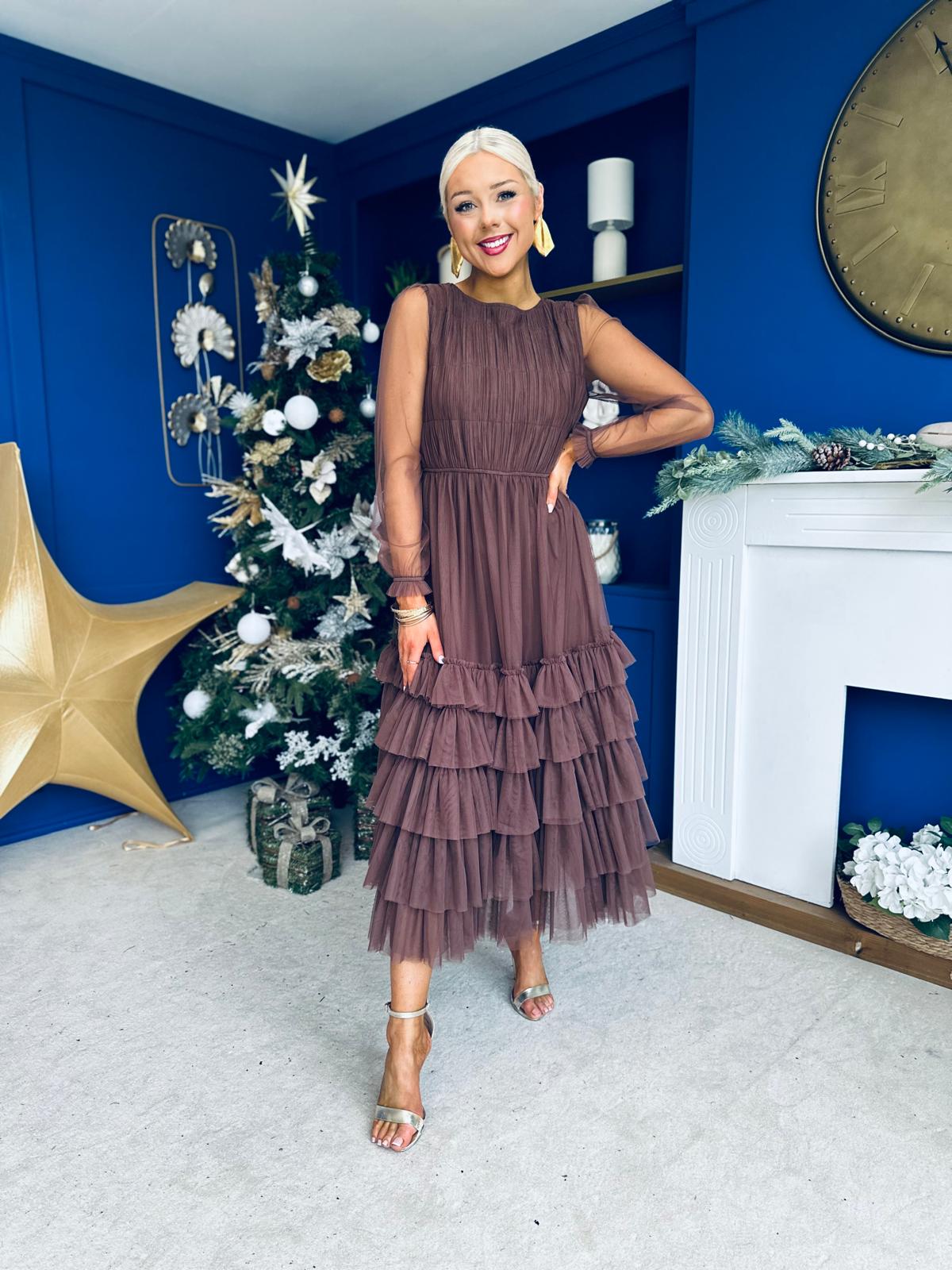 Bianca Layered Occasion Tulle Dress Chocolate