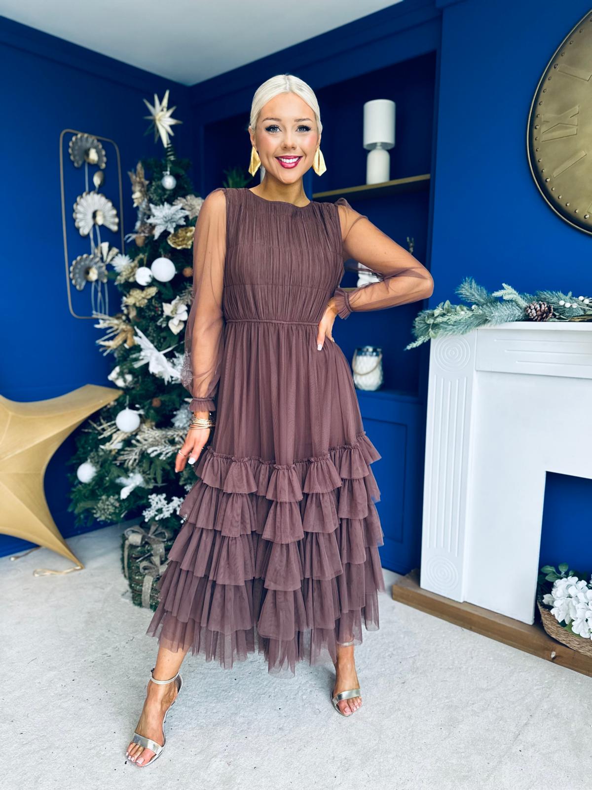 Bianca Layered Occasion Tulle Dress Chocolate