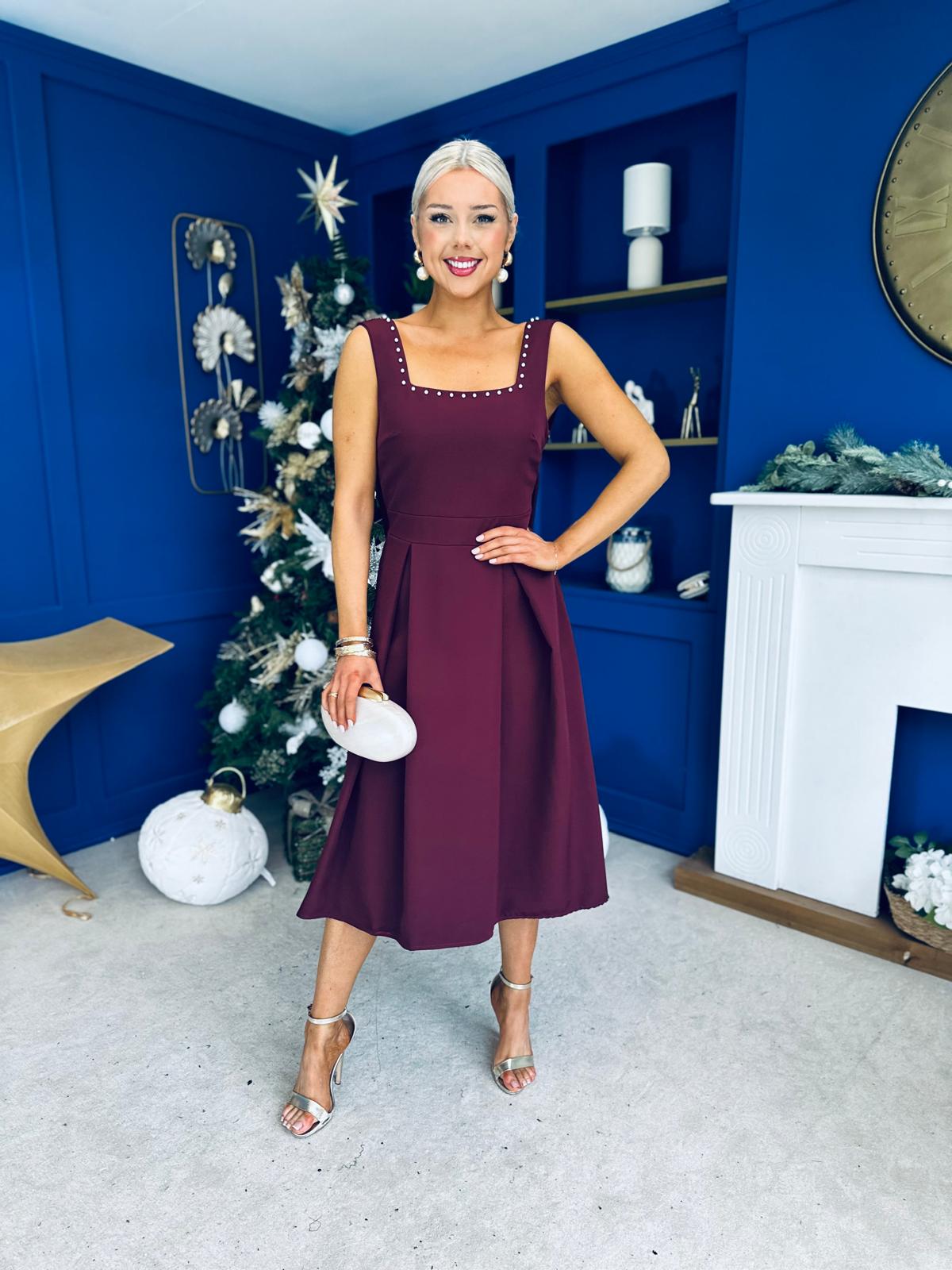 Harper Pearl & Bow Detail Midi Dress Burgundy